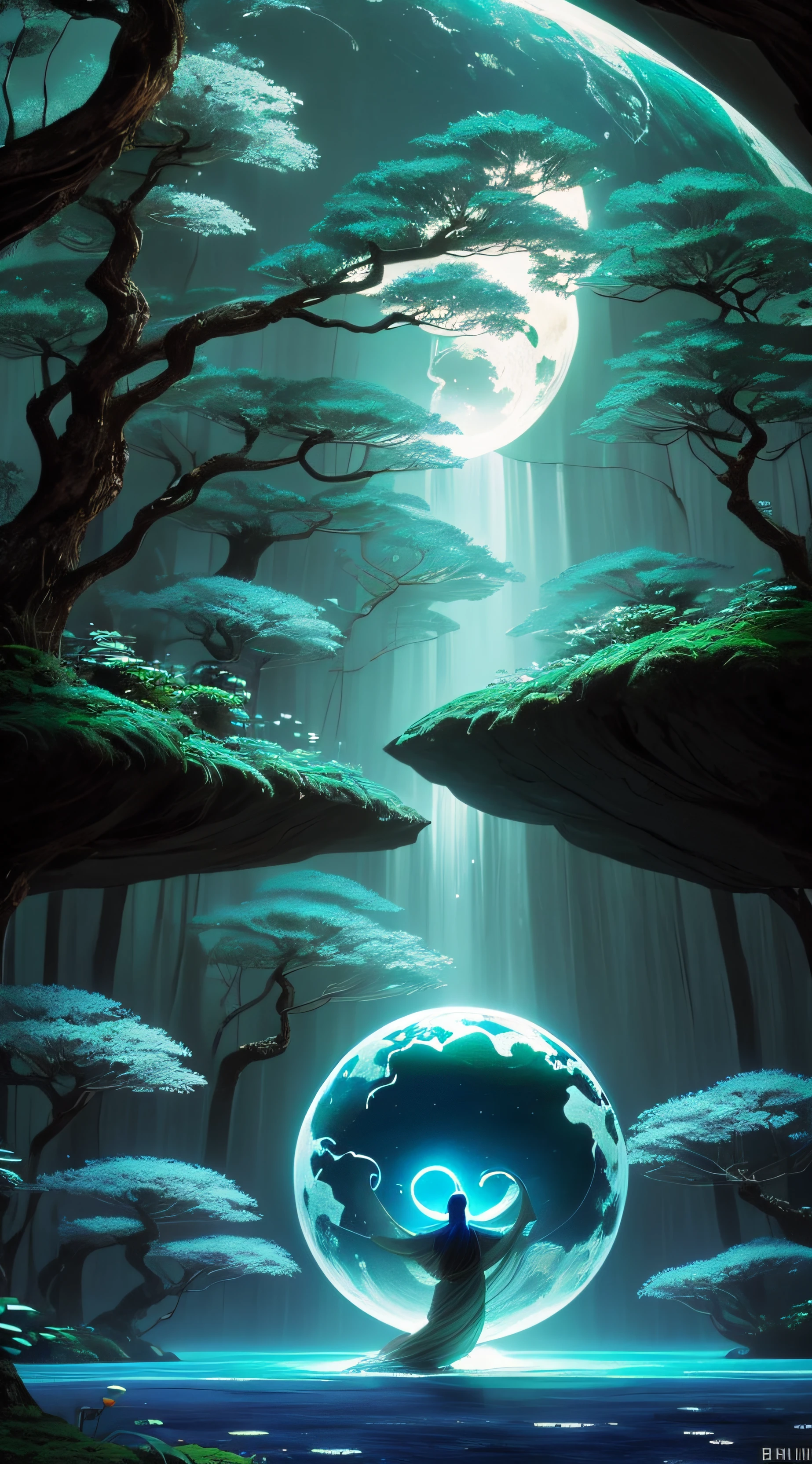 Crie uma cena de planeta como filme avatar, pedras flutuantes, Waters, Florestas com cores florescentes, plantas com cores florescentes, birds, giant trees, blue skies, nuvem, cores vibrantes, vivid colors, MUNDO ESPIRITUAL, Encantado, fantasia, Magic