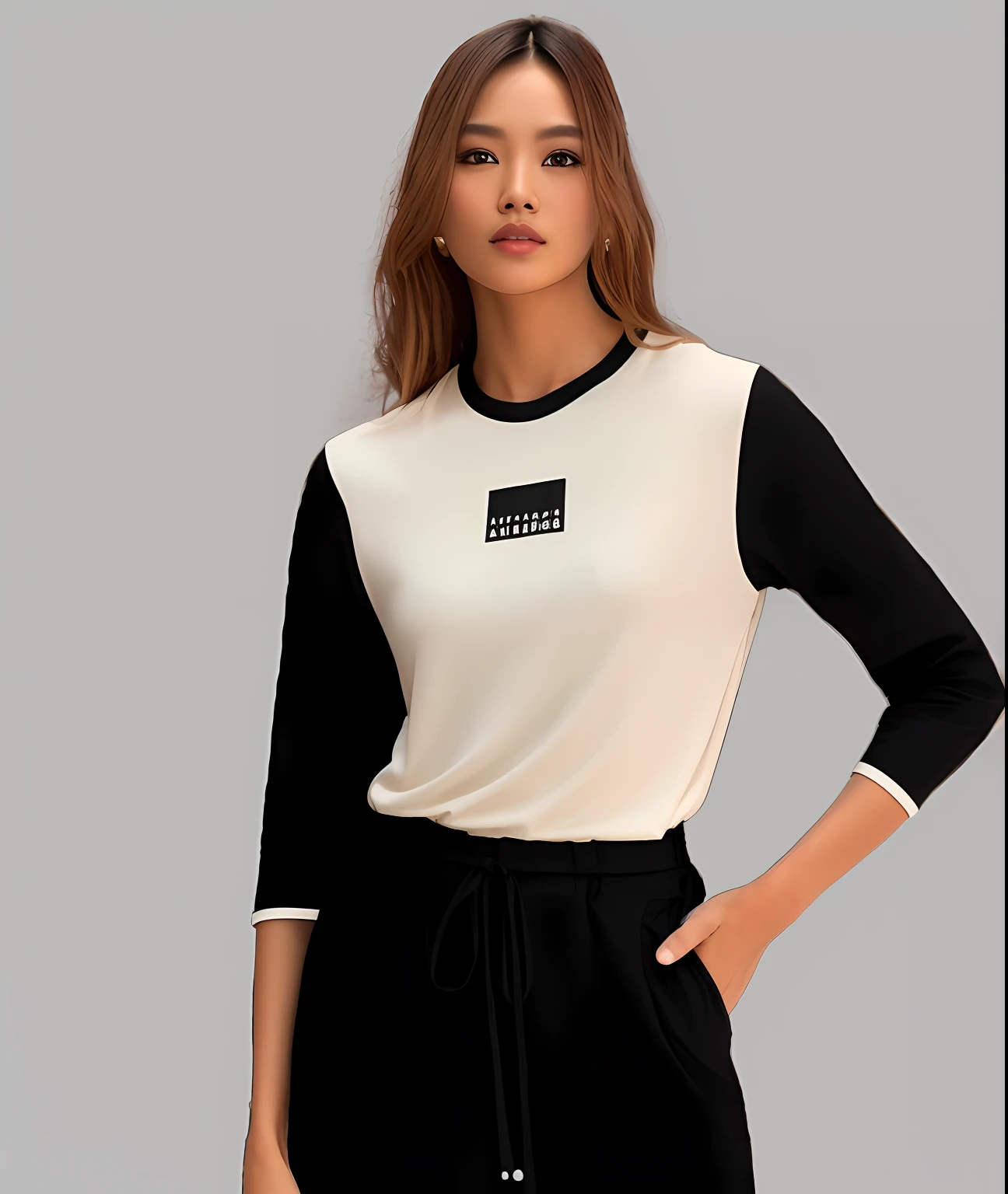 Black-haired Asian model wearing long-shirted pajamas, sem pano passado