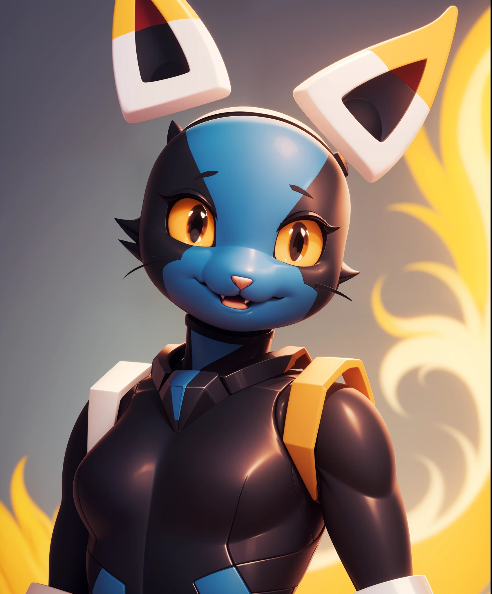 esix, cat girl, furry anthro, floating ears, flaming tail, portrait, blue body, solo, (best quality), sexy pose, smile, black-yellow eyes, simple blue background,