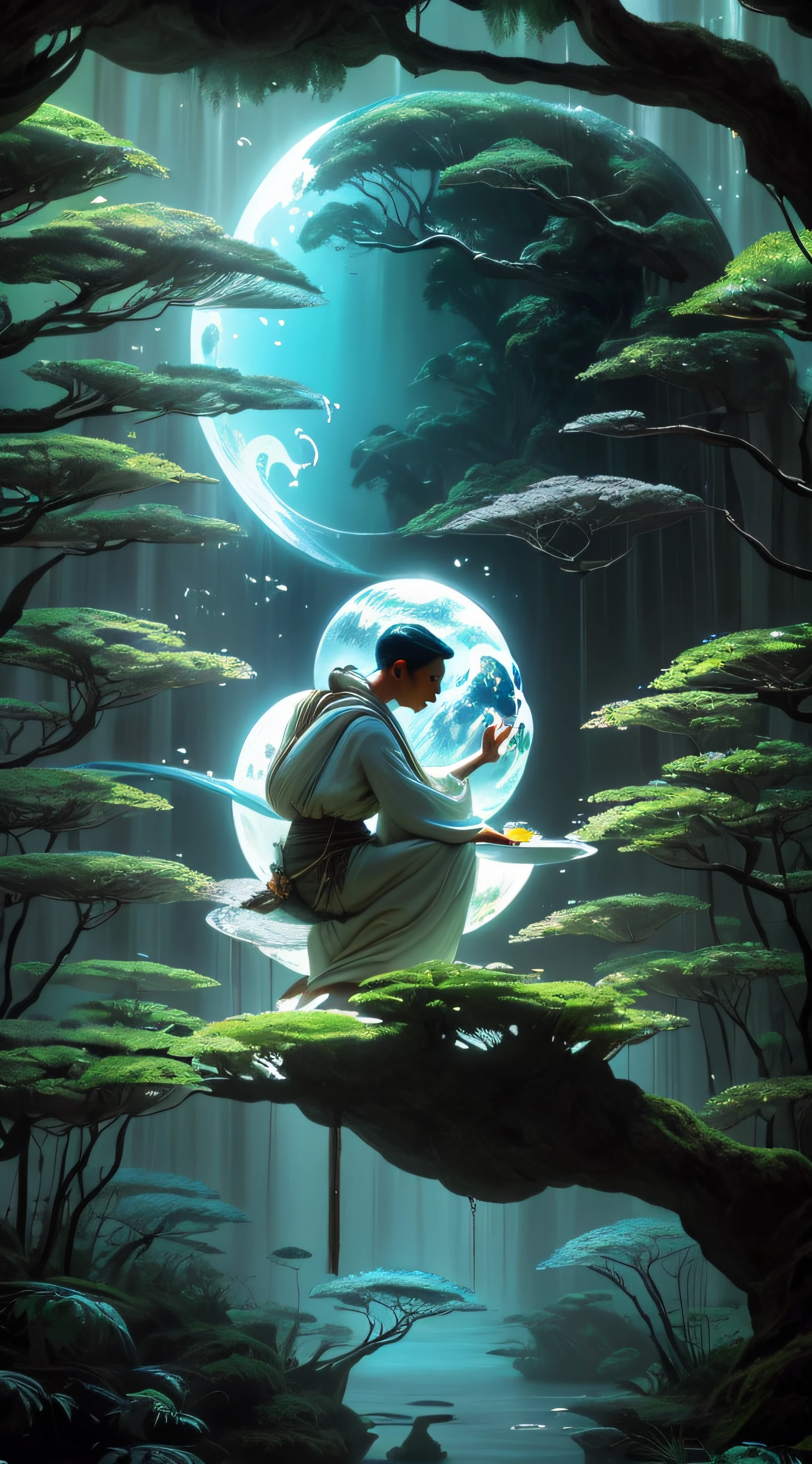 Crie uma cena de planeta como filme avatar, pedras flutuantes, Waters, Florestas com cores florescentes, plantas com cores florescentes, birds, giant trees, blue skies, nuvem, cores vibrantes, vivid colors, MUNDO ESPIRITUAL, Encantado, fantasia, Magic