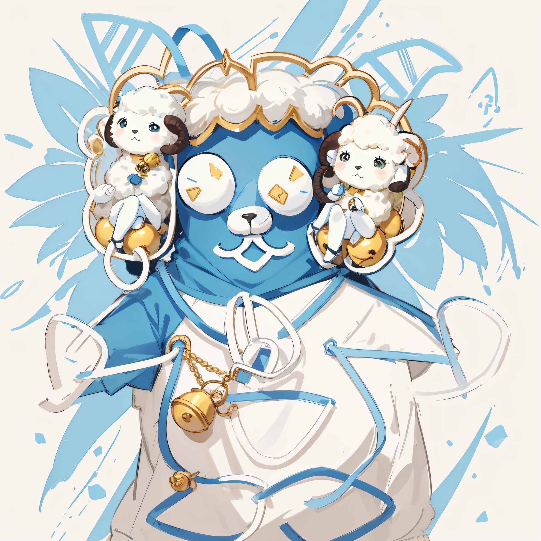 Caricature of a sheep wearing a yellow bell and two horns, Sheep in blue suspenders, anthropomorphic sheep, professional furry drawing, Cartoon Cute, a drawing, Cartoon drawing, anthropomorphic character, human lamb hybrid, bold line art, sheeps, There is a cloth pocket on the body。