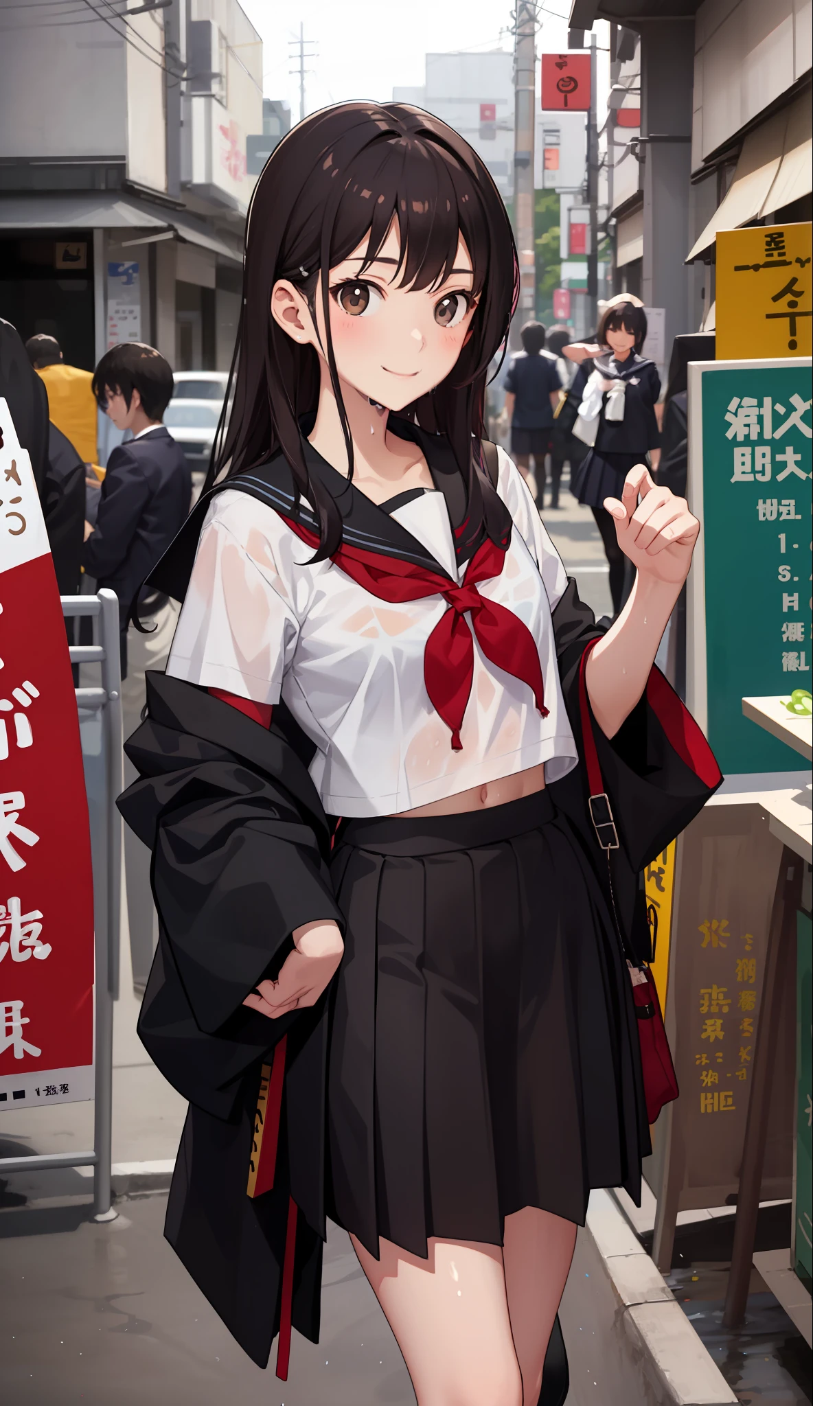 1girl in、A smile、The shirt、skirt by the、(small tits)Chilarism、Japan High School Student Uniform、serafuku、summer clothing、Squall Drenched Uniform、Sheer Bra、(Upper body portrait)、