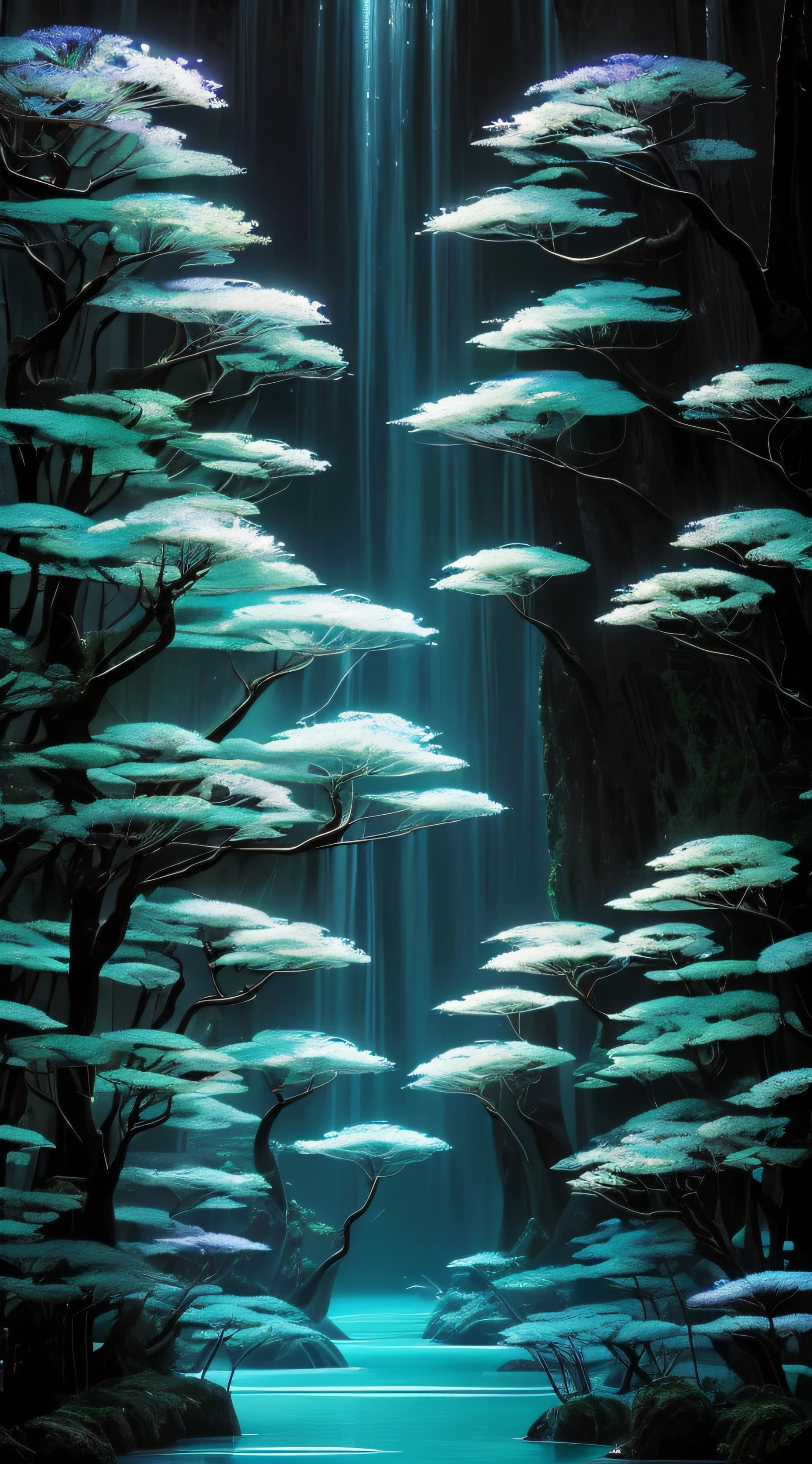 Crie uma cena de planeta como filme avatar, pedras flutuantes, Waters, Florestas com cores florescentes, plantas com cores florescentes, birds, giant trees, blue skies, nuvem, cores vibrantes, vivid colors, MUNDO ESPIRITUAL, Encantado, fantasia, Magic
