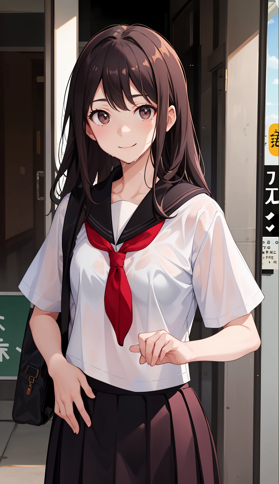 1girl in、A smile、The shirt、skirt by the、（small tits）Chilarism、Japan High School Student Uniform、serafuku、summer clothing、Squall Drenched Uniform、Sheer Bra、（Upper body portrait）、