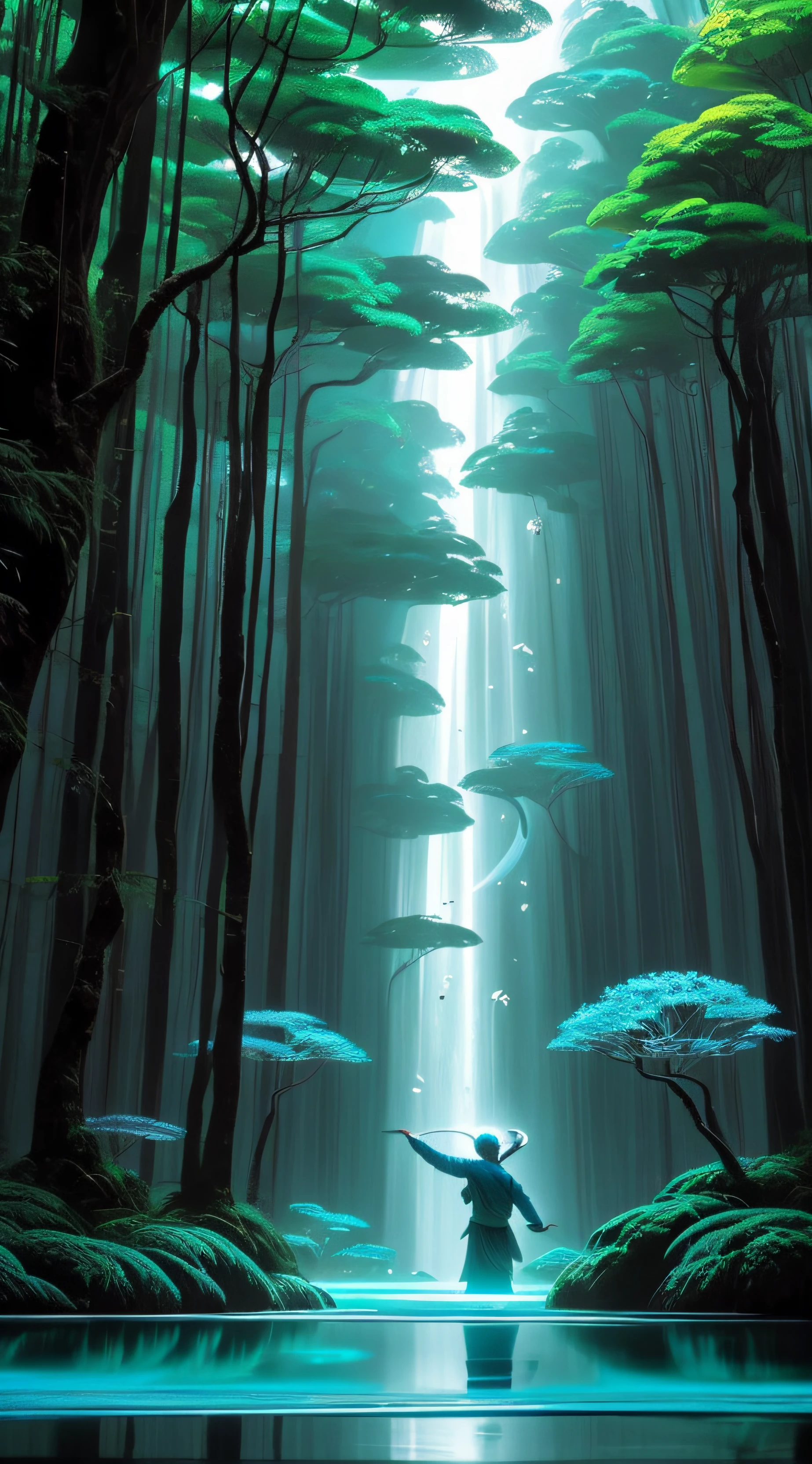 Crie uma cena de planeta como filme avatar, pedras flutuantes, Waters, Florestas com cores florescentes, plantas com cores florescentes, birds, giant trees, blue skies, nuvem, cores vibrantes, vivid colors, MUNDO ESPIRITUAL, Encantado, fantasia, Magic