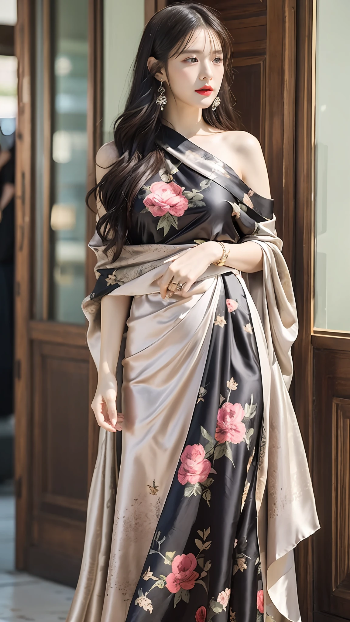 one-girl，Full body photo，Supermodel figure，Draped in a printed silk shawl，Wearing a silk dress，Christian Dior，Cartier jewelry，realisticlying，high detal，very fine and beautiful，Raised sexy，极致漂亮‮腻细‬的，(light make-up)，Long black hair，细腻漂亮了‮皙白‬的皮肤，精致完整‮五的‬官，脸部‮画刻‬详细，tall nose bridge，Red lips，漂亮温‮美柔‬少女，Smooth hair，Extremely delicate hair