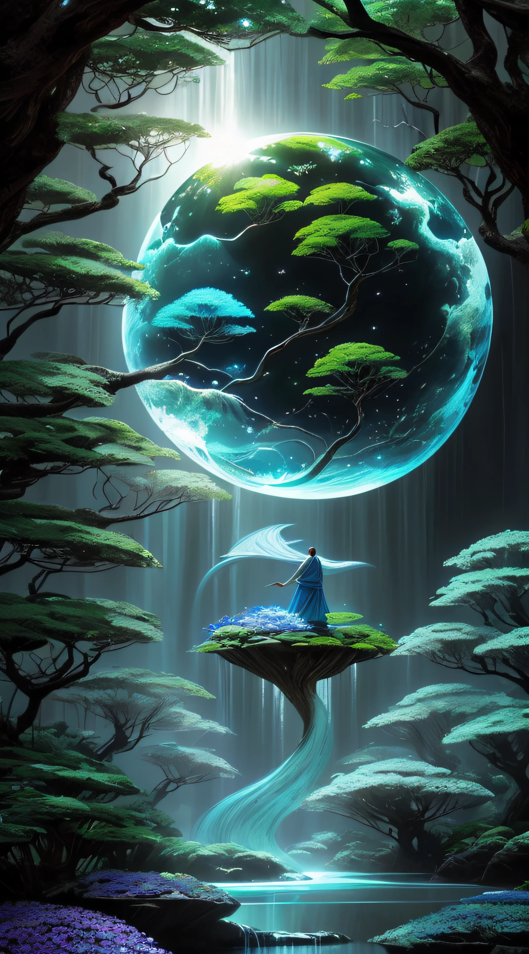 Crie uma cena de planeta como filme avatar, pedras flutuantes, Waters, Florestas com cores florescentes, plantas com cores florescentes, birds, giant trees, blue skies, nuvem, cores vibrantes, vivid colors, MUNDO ESPIRITUAL, Encantado, fantasia, Magic