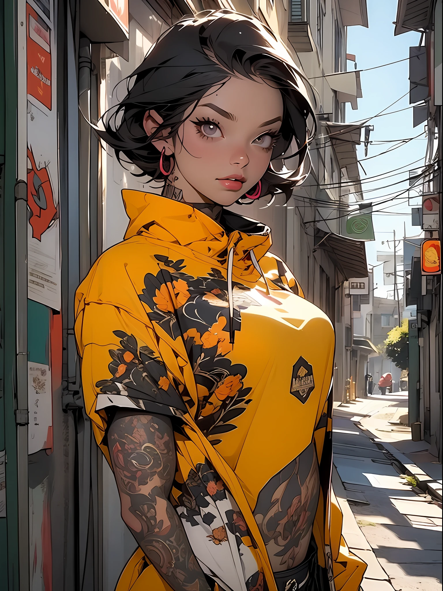 roxo: 1.5, laranja: 1.1, Branco: 1.3, amarelo: 1.3, (garota rapper com cabelo pavor), tatuagens, (roupas puffer do poder: 1.2), flor, folhas, mistborn, linhas, background circles