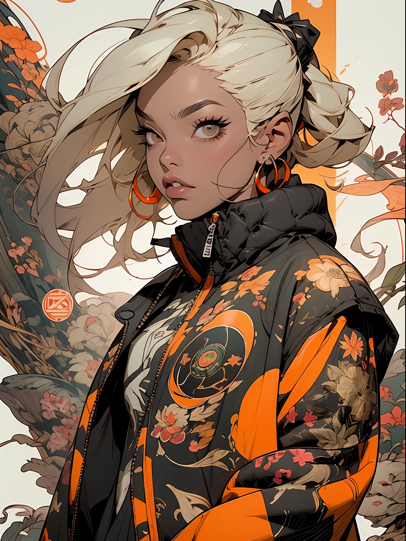 roxo: 1.5, laranja: 1.1, Branco: 1.3, amarelo: 1.3, (garota rapper com cabelo pavor), tatuagens, (roupas puffer do poder: 1.2), flor, folhas, mistborn, linhas, background circles