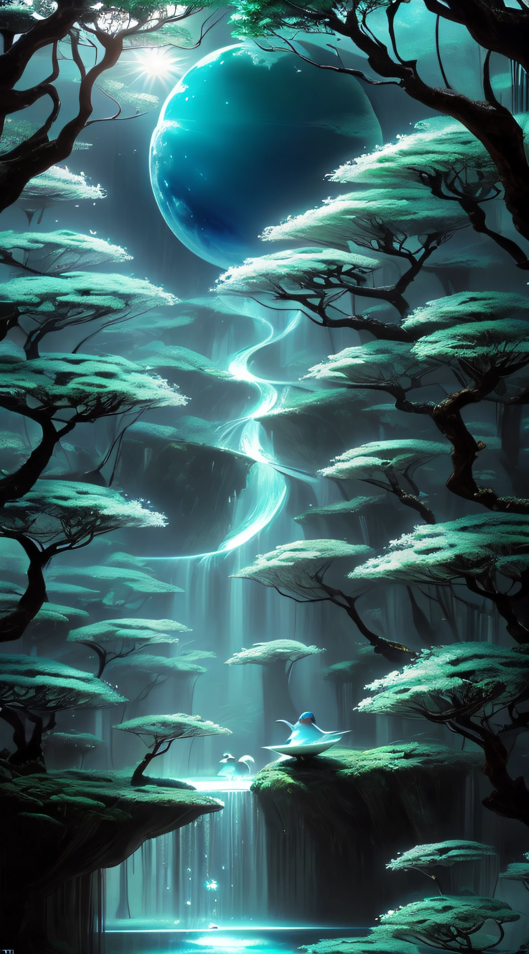 Crie uma cena de planeta como filme avatar, pedras flutuantes, Waters, Florestas com cores florescentes, plantas com cores florescentes, birds, giant trees, blue skies, nuvem, cores vibrantes, vivid colors, MUNDO ESPIRITUAL, Encantado, fantasia, Magic