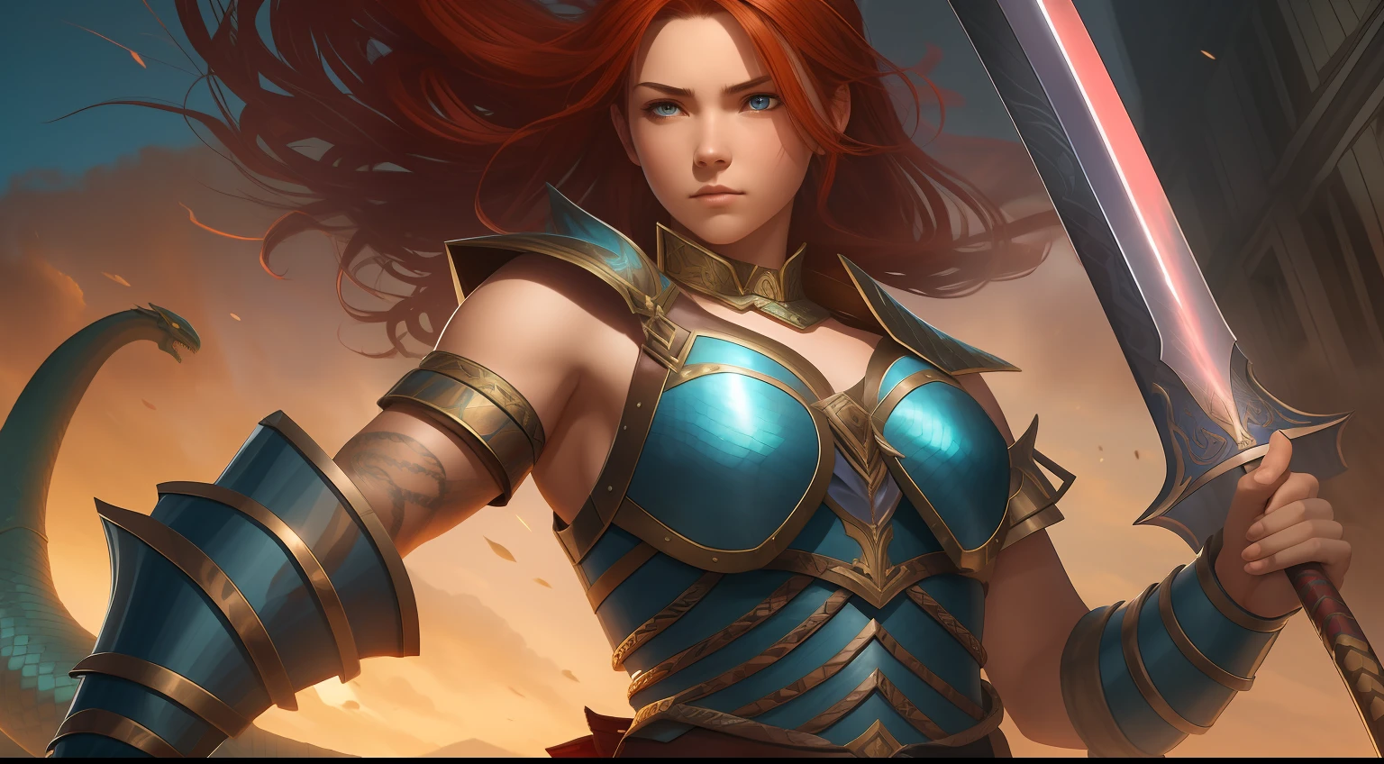 An 18-year-old female warrior, clad in seductively-styled armor, her right hand wielding a sword emitting a blue light, her left hand holding a shield, with red-brown hair. Engaged in combat with a colossal serpent-like creature