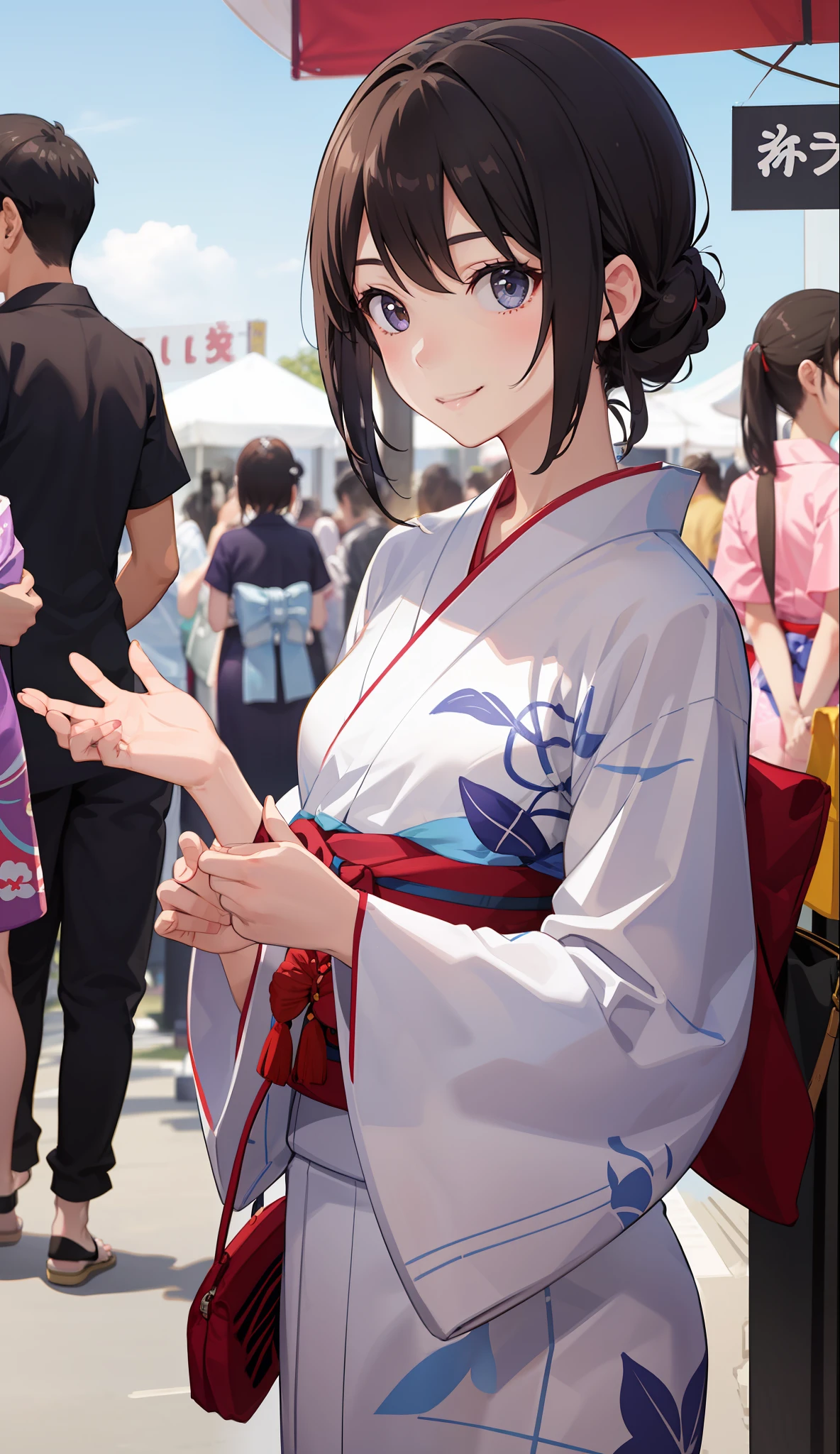 1girl in、A smile、Summer festival、skyrocket、Wearing a yukata、(Upper body portrait)、