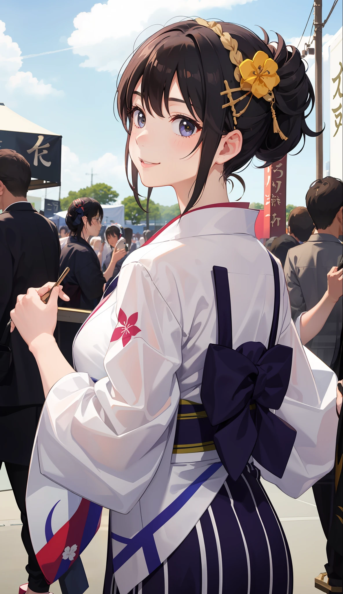 1girl in、A smile、Summer festival、skyrocket、Wearing a yukata、(Upper body portrait)、