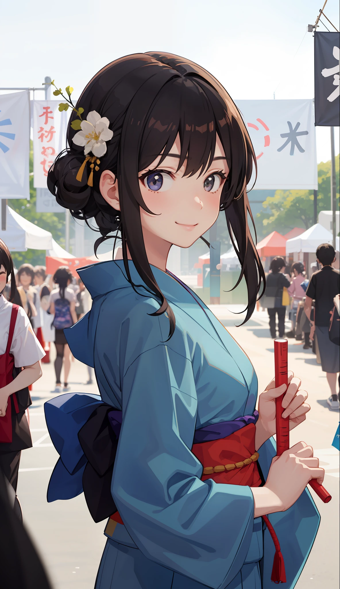 1girl in、A smile、Summer festival、skyrocket、Wearing a yukata、(Upper body portrait)、