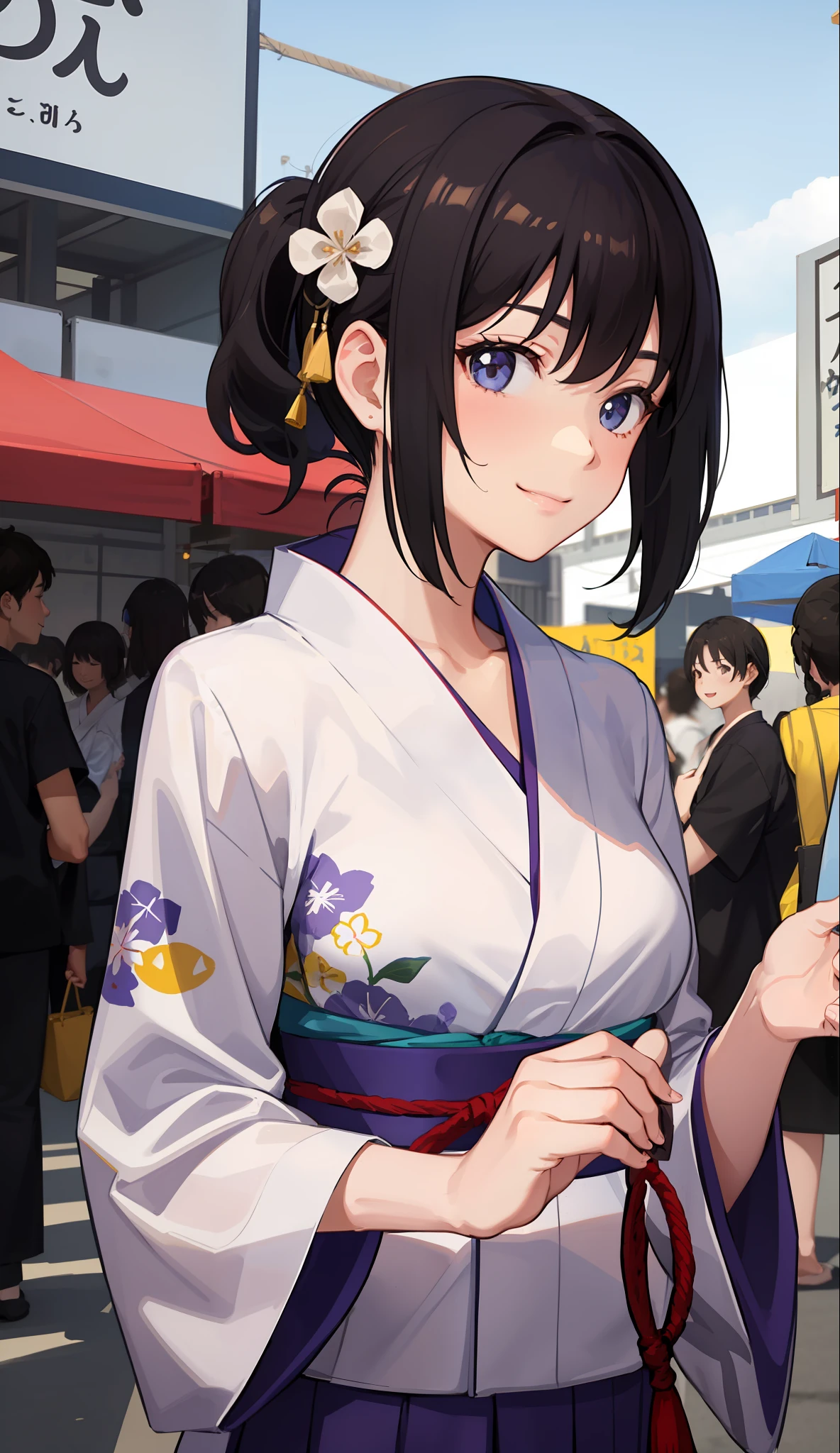 1girl in、A smile、Summer festival、skyrocket、Wearing a yukata、(Upper body portrait)、
