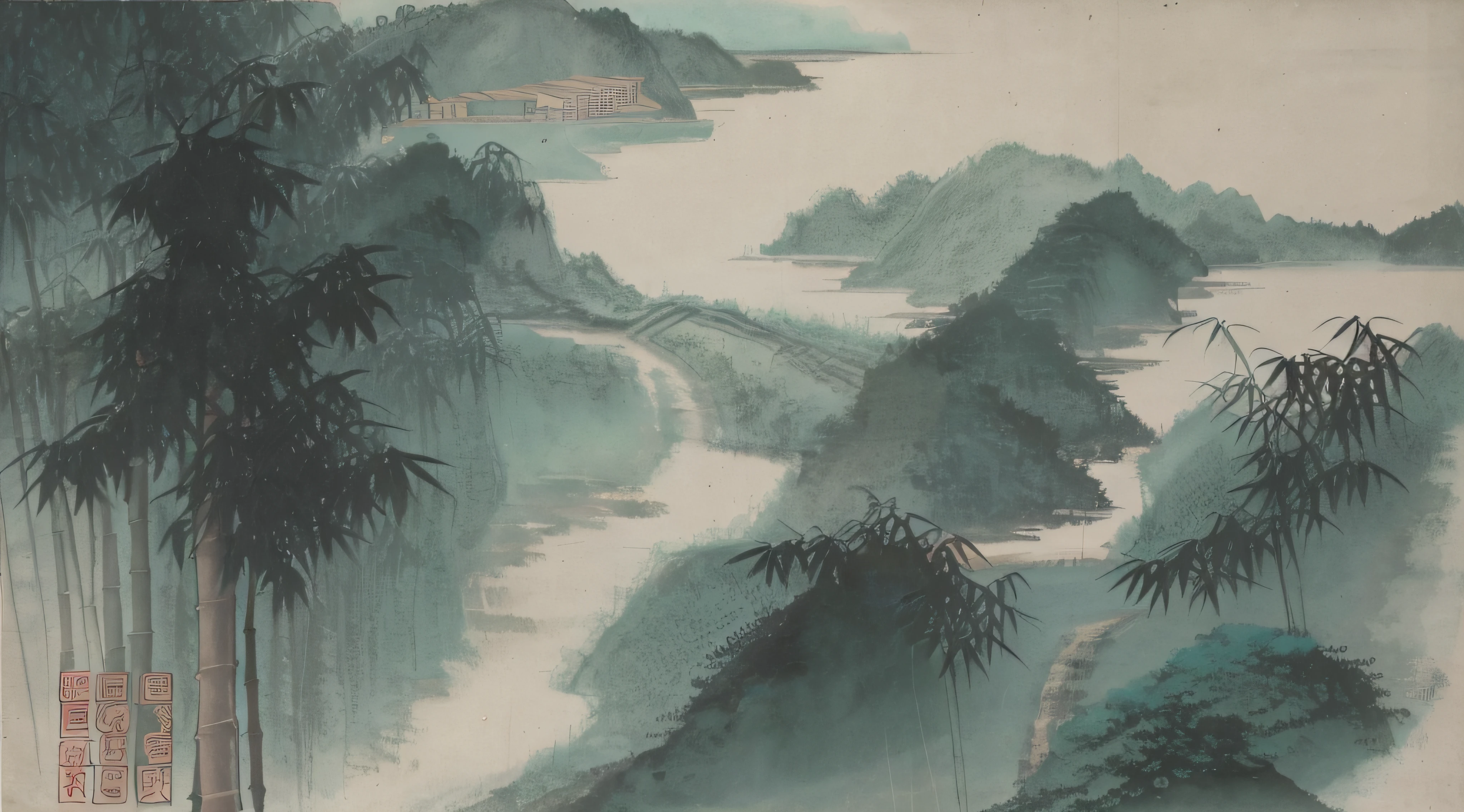 Moxin, (ecchi0.5), (green trees:0.5), (Flowers:0.6) ,(Birds:0.2), (bamboo0.1), lakes, Hangzhou,Ink landscape painting