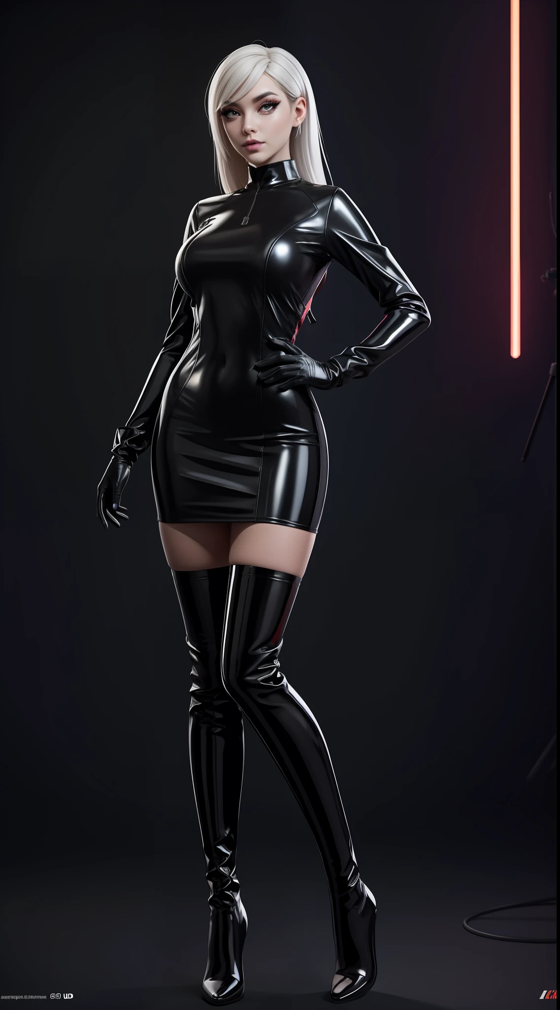 solo, super fine photo, upper half body photo portrait Unreal Engine 5 8K UHD, black and white color scheme futuristic tight and thick office suit, slim body, futuristic design, latex long glove, latex thigh boots, energetic fabric short dress, black stocking, red neon light details, beautiful make up, best quality, masterpiece, unified 8k wallpaper, super detailed, sharp focus, sexy pose,
