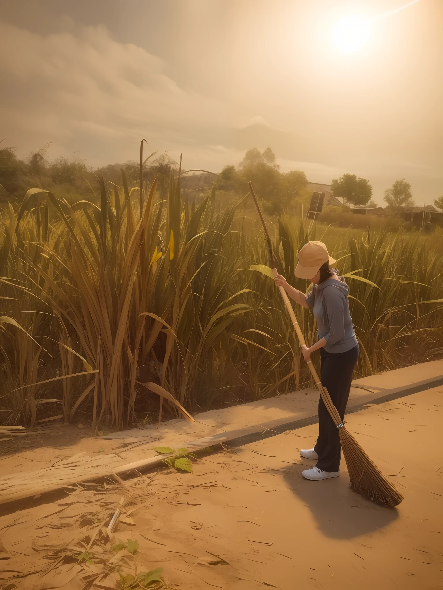 There was a woman with a broom and a broom stick, straw, holding a giant flail, Taiwan, motivational, 8 a.m, Gamine, There is tall grass, Cane, identical, 5 years old, Sweat, depiction, holding a gold! Cane!, information, taken on iphone 14 pro, interesting composition
