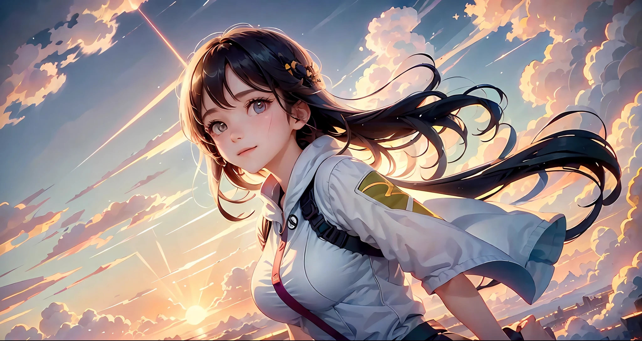 masterpiece, best quality, movie still, 1girl, cloud girl, floating in the sky, close-up, bright, happy, warm soft lighting, sunset, (sparks:0.7)