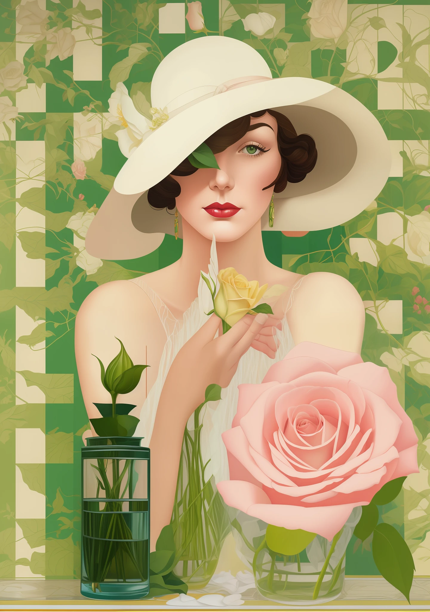 magic realism, Painting of a woman in a hat and a rose in a vase, inspirado em Coles Phillips, Serge Lutens, Patrick Nagel, Otto Schmidt, No estilo de Marcel Duchamp, inspirado em Elizabeth Shippen Green, inspirado em Louis Anquetin, inspirado em Stevan Dohanos.