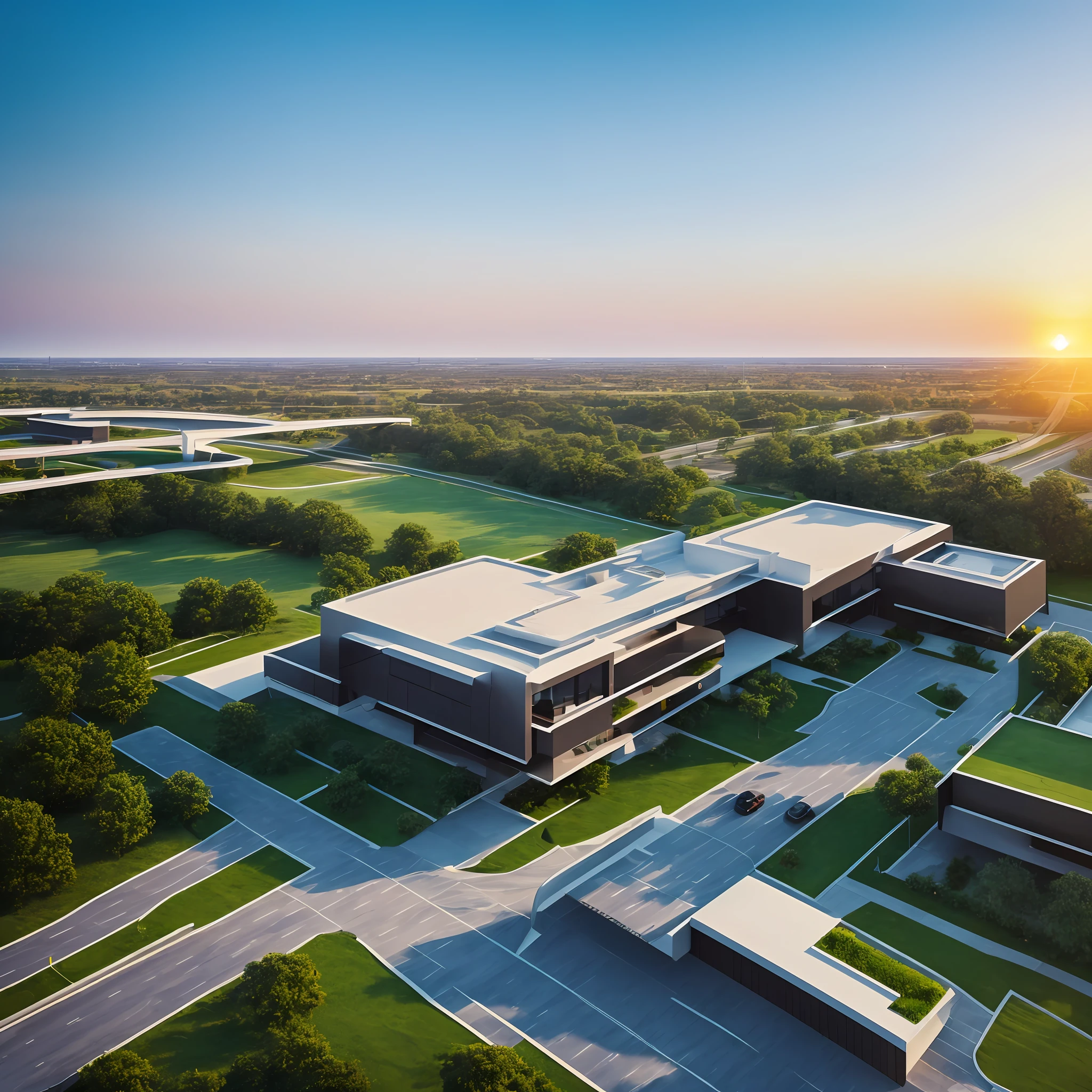 ((masterpiece, best quality)), 8k, modern architectural style, photographrealistic, hyperedetailed photo, Clean skies, highways, the setting sun --auto