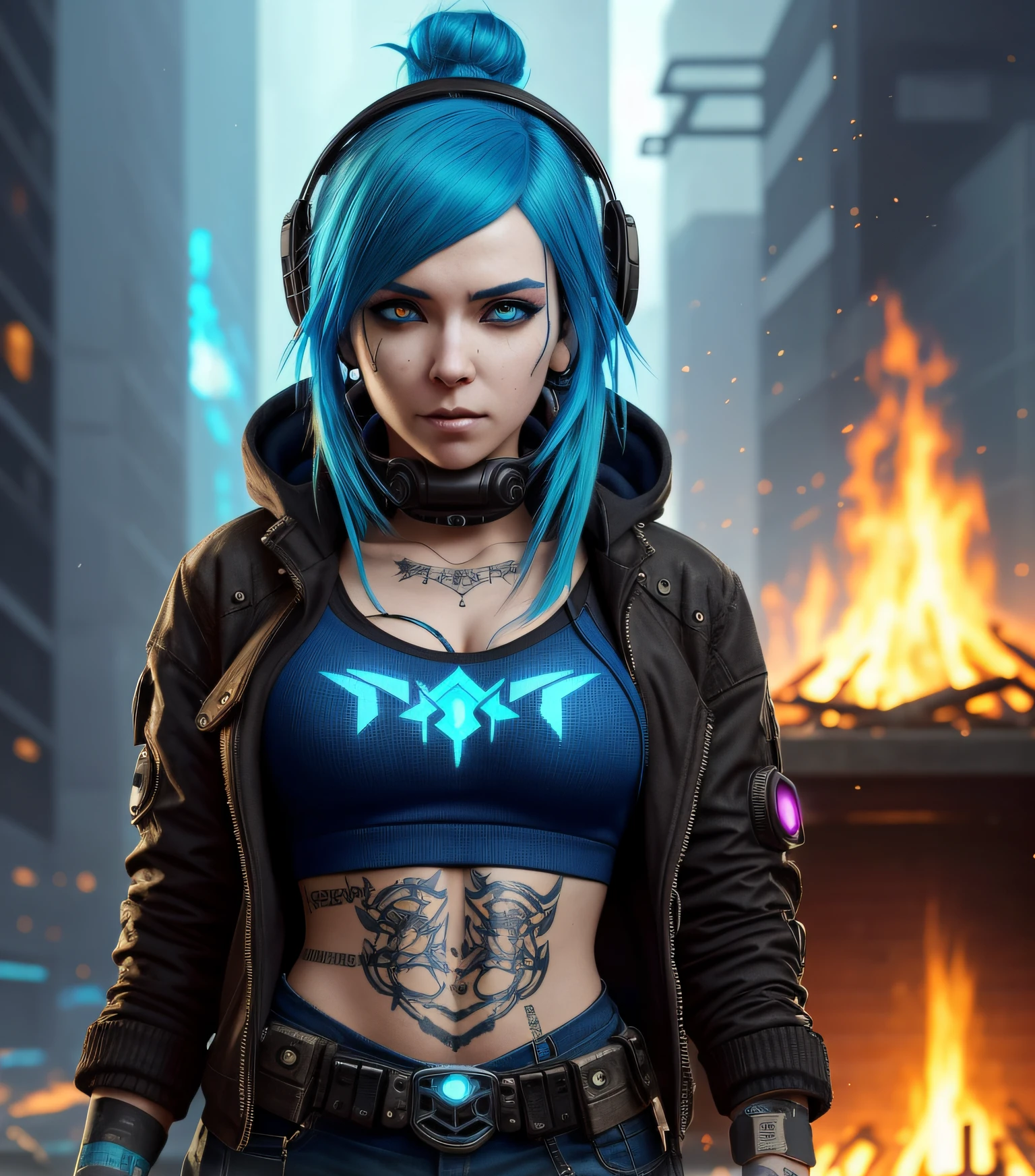 arafed woman with blue hair and headphones standing in front of a fire, cyberpunk beautiful girl, female cyberpunk anime girl, cyberpunk anime girl in hoodie, cyberpunk girl, cyberpunk anime girl, digital cyberpunk anime art, cyberpunk 2 0 y. o model girl, cyberpunk art style, cyberpunk angry gorgeous goddess, deviantart artstation cgscosiety, cyberpunk vibe, cyberpunk digital art
