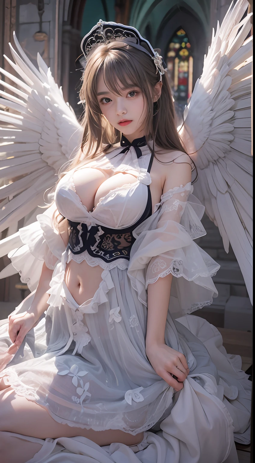 （8K，Best picture quality：1.2），（tmasterpiece：1.37），（photore，realisticlying：1.37），（超高分辨率），realisticlying，photographed，((Beautiful facial features))，Glowing eyes，A half body，Lolita costume，huge tit，Slim body，(the angel's wings)，undergarments，belly-bar，Korea（High quality background inside ruined church empty at night) , (high detal) , 电影灯光
