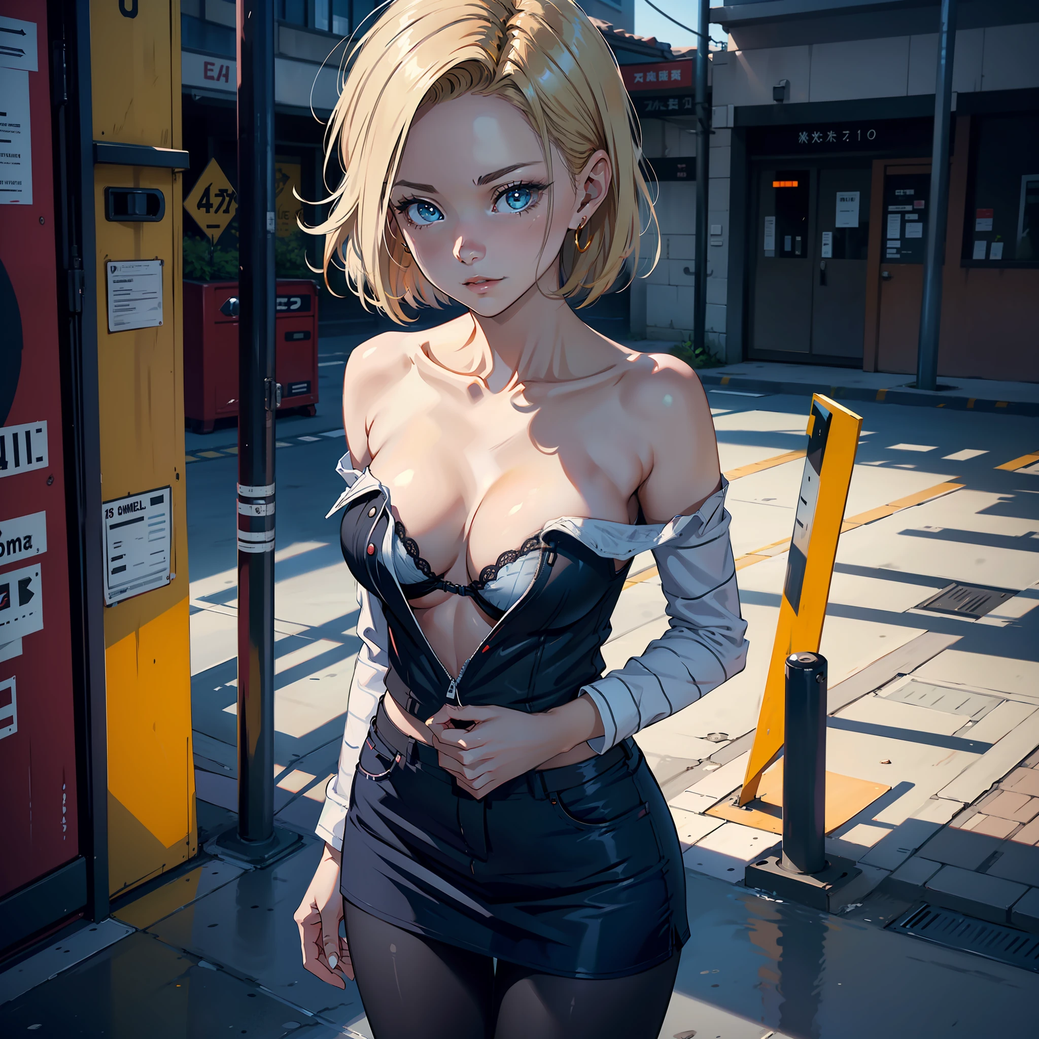 Photorealistic,Realistic illustration in manga style,Masterpiece,best quality,ultra-detailed,perfect anatomy,Perfect hands,highres,and18,1girl,Ulzzang-6500-v1,E-girl,Exceptionally Beauty Waifu Emma Stone as android 18,Only,blonde hair,blue eyes,short hair,earrings,jewelry,denim vest,open vest,black pantyhose,black shirt,denim skirt,striped long sleeves,blue skirt,medium breasts,Full body portrait,street,Perfect detailed eyes,(Externally expanded Chest:1.2), (Strapless:1.2), off-the-shoulder,intricate details,cg unity 8k wallpaper,octane render,Extremely CG unity 8k wallpaper,Extremely beautiful and aesthetic,Extremely beautiful and delicate,Perfect detailed body,