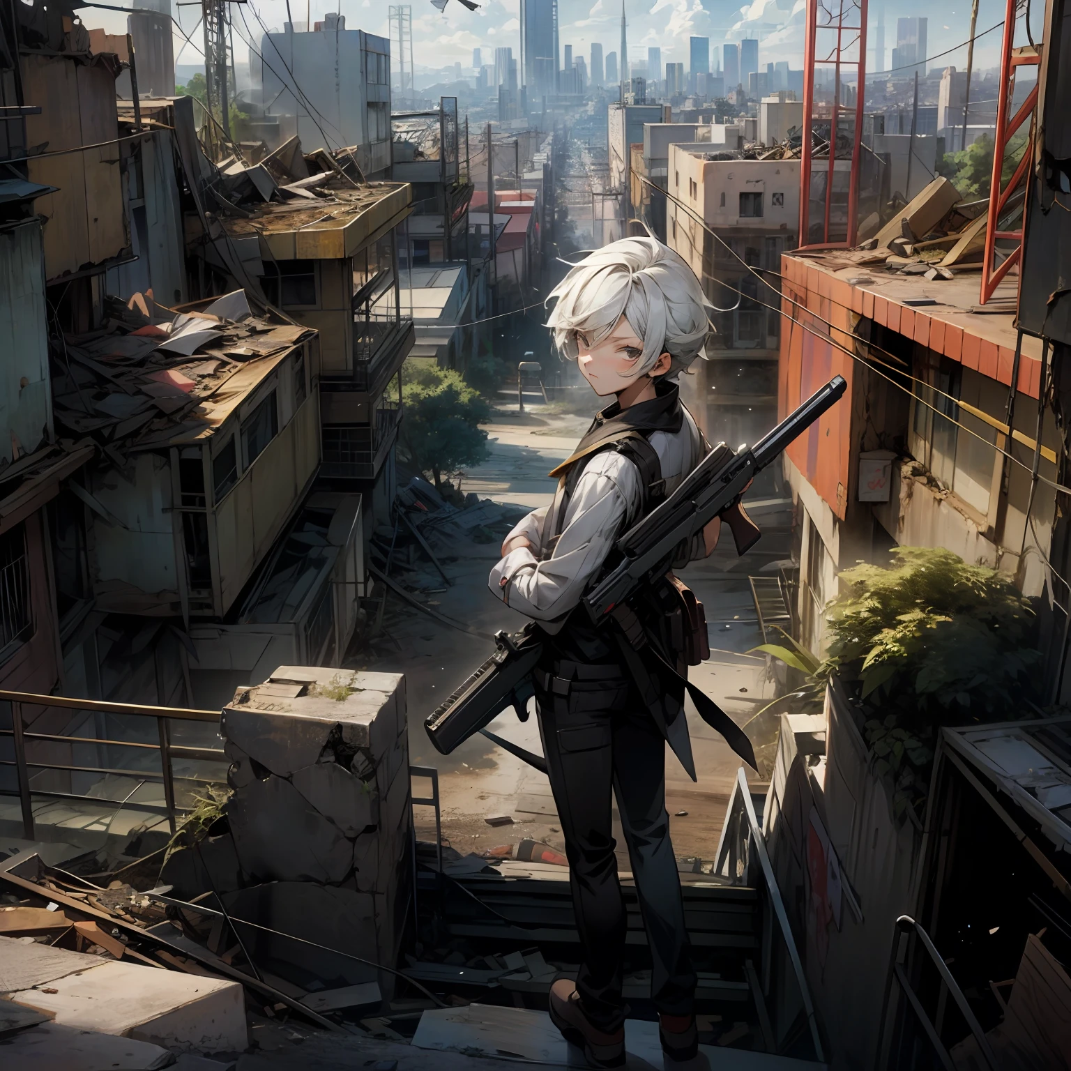 menino anime vestindo roupas pretas, and with a gun at his waist with the scenery of a destroyed city behind him