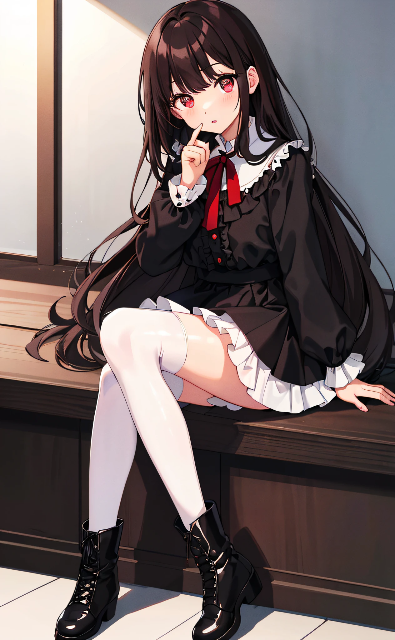(best quality,high resolution,Beautiful detailed eyes,White lighting:1.2),red eyes, looking at viewer, long hair, black hair, long boots, black footwear, blush, sitting, long sleeves, bangs, parted lips, black hair, dress, knees up, brown hair, white skirt, frills, skirt,thighs, sidelocks,