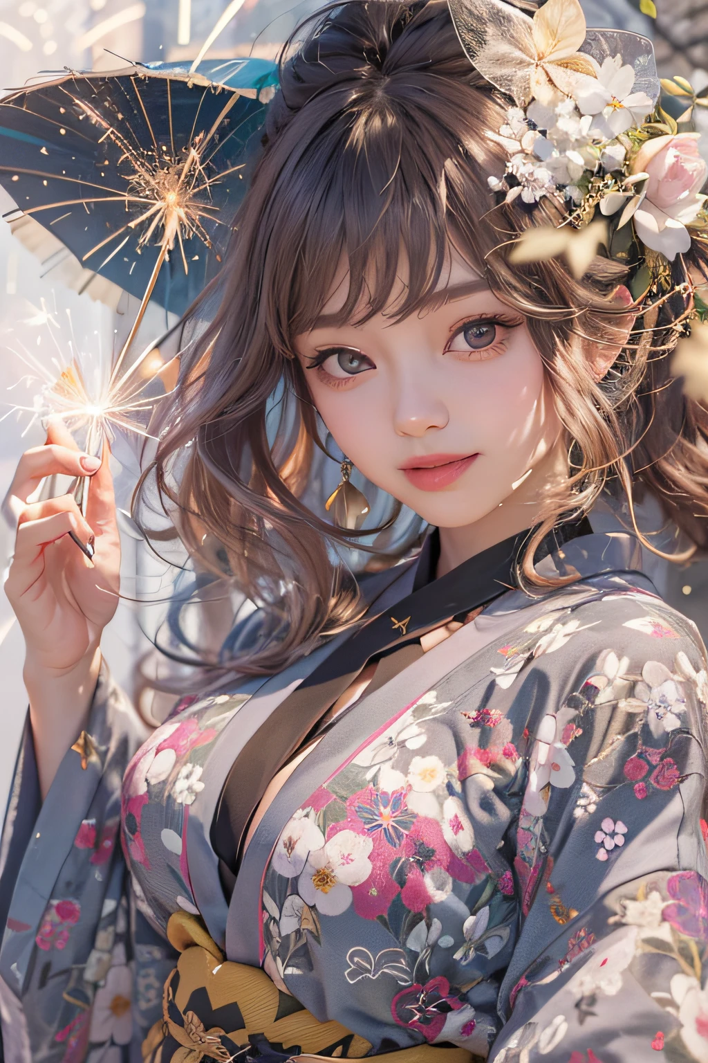 1girl in, surrealism, Cubist Futurism, pop-art, Verism, Motion Blur, spark of light, depth of fields, Backlighting, nffsw, Anatomically correct, Textured skin, awardwinning, 8K, masutepiece,1 girl in、独奏、A detailed face、(Beautiful see-through yukata)、delicate patterns、beautiful neck、a smile、no-bra、Cowboy Shot、sparklers、the complex background、Night Downtown、natta、(ighly detailed:1.2)、sparklers:1.3、Fun at night、happiness、Bright atmosphere、spark of light、discharge、laser beam、A detailed face、