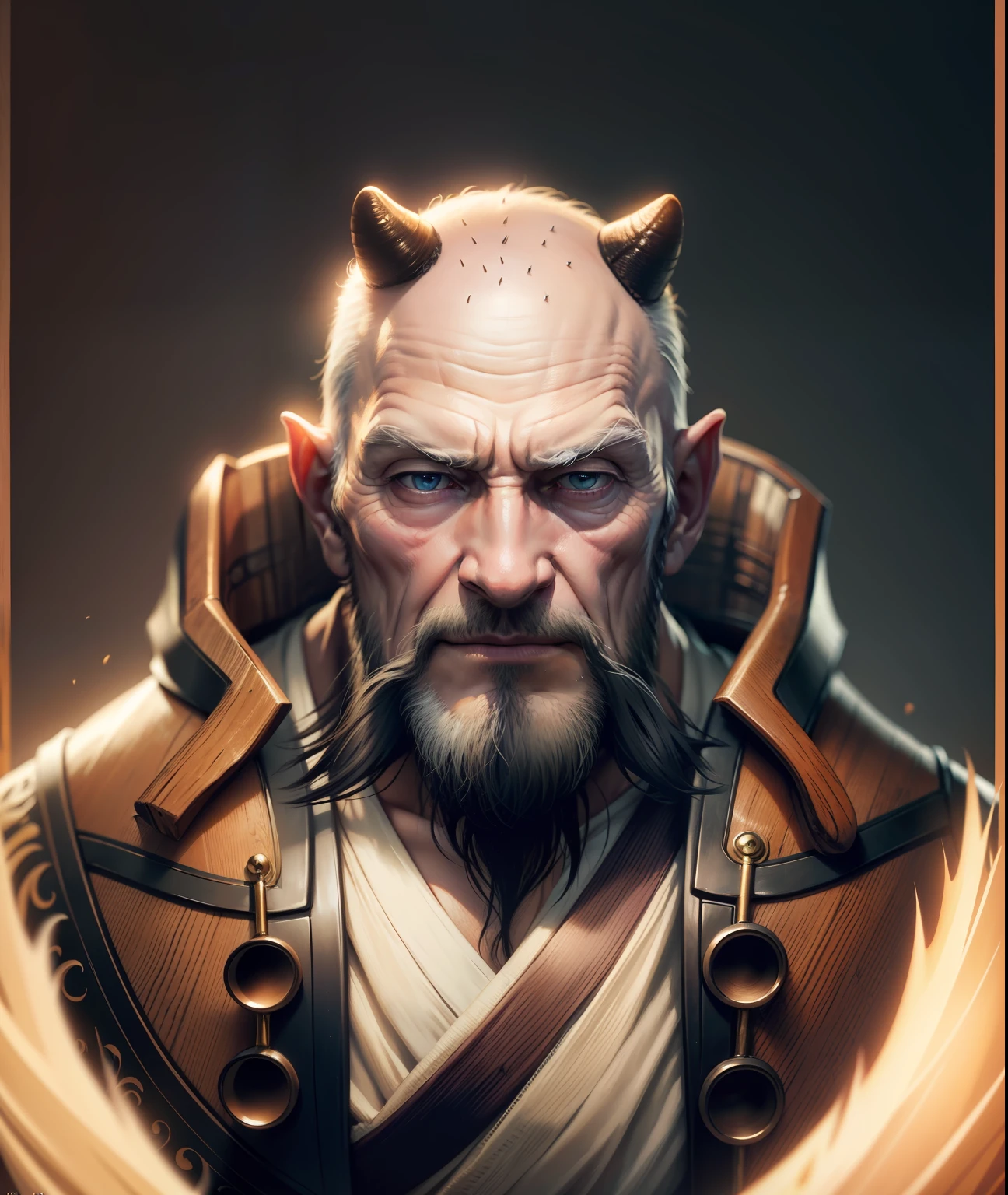 masterpiece, realistic, natural color, ultra details, full color, shallow depth of field, hd, man, old man, (8k, RAW photo:1,2), light, monster face, horn, head vein, no mustache, hairless, top of the head veined like roots of wood