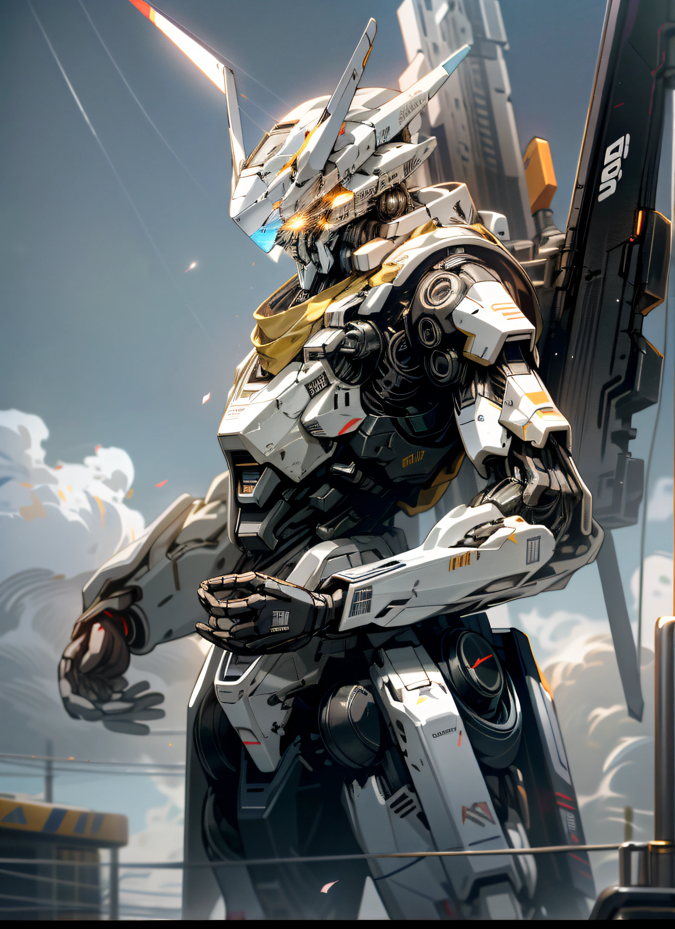 Skysky,clouds,holding_weapon,no_humans,with light glowing,white colors,brightly colored,droid,buliding,glowing_eyes,mecha,scientific fiction,城市,Realistis,mecha,8K