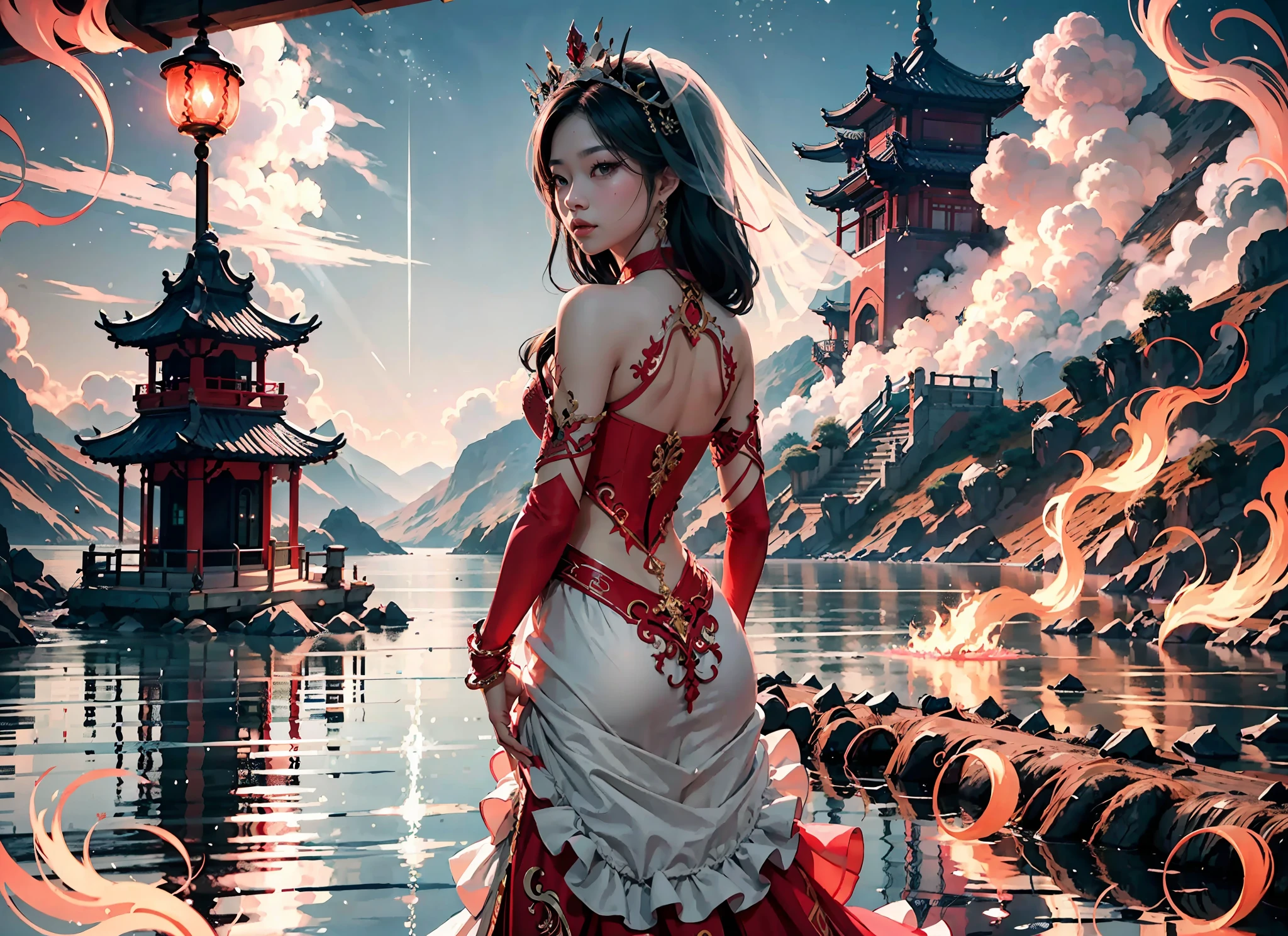 tmasterpiece，China-style，Best picture quality；Immortal CG，Extremely fine，8k wallpaper level；Romantic aesthetics，Ultimate purity，Floating screen；A bride with her full back to the camera，Dressed in gorgeous wedding dresses，Wear a red hood，Standing in the picturesque red sea on the other side；The sky is covered with red light，It's like a sea of fire，Suffocating。