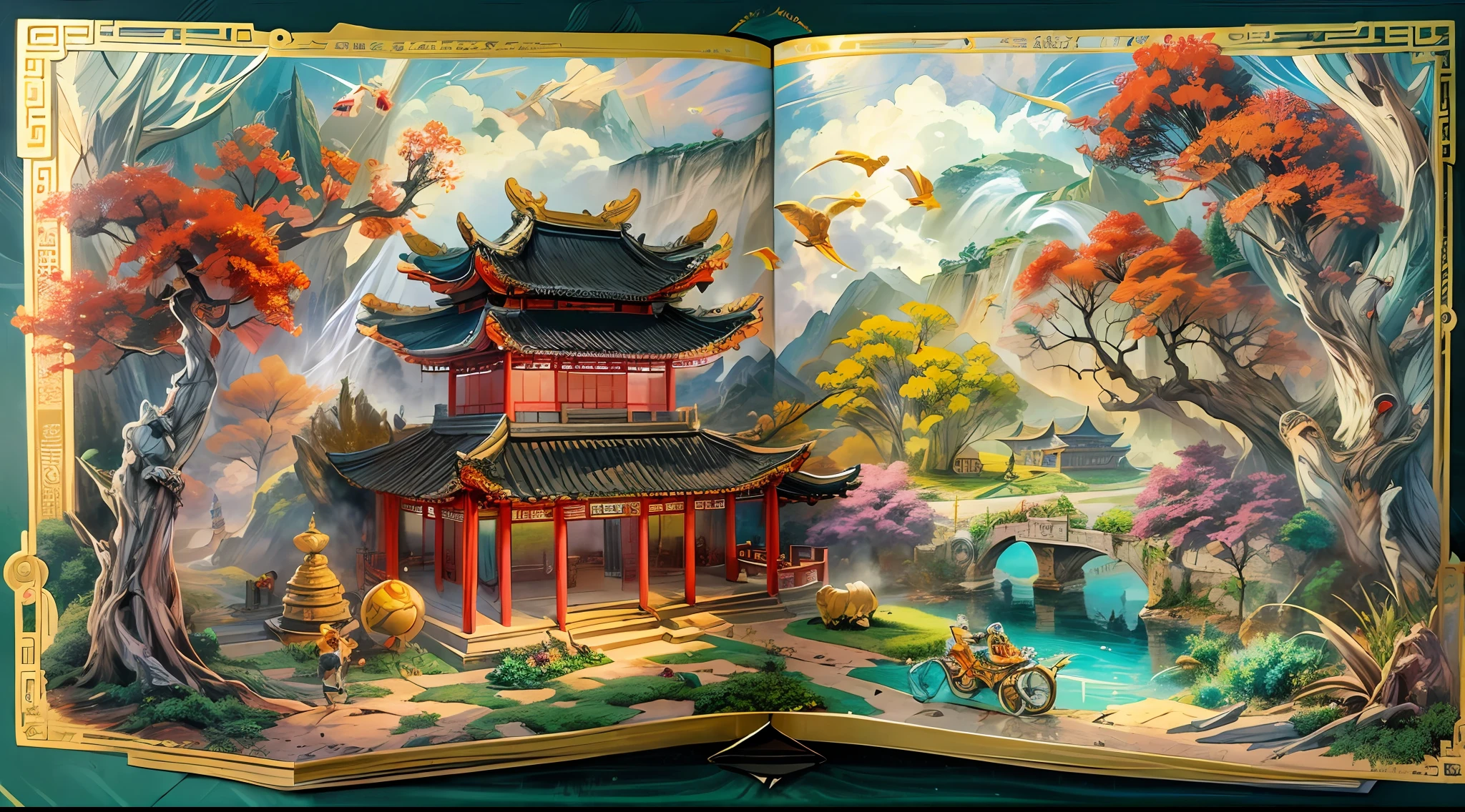 (popup book:1.5)，(Chinese Scenery)，(extremely colorful, Best quality, Detailed details, Masterpiece, offcial art, movie light effect, 4K, Chiaroscuro)