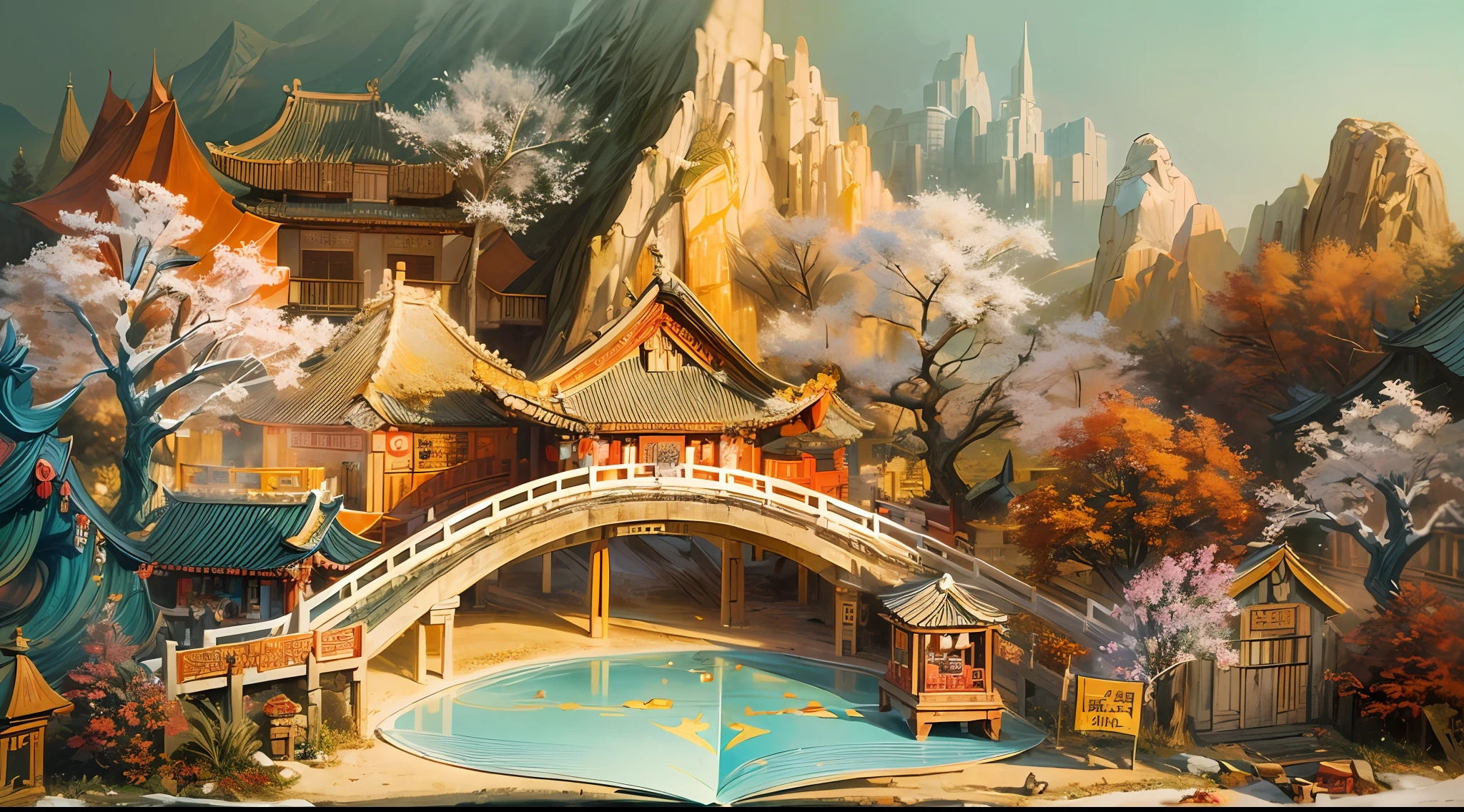 (popup book:1.5),(Chinese Scenery),(extremely colorful, Best quality, Detailed details, Masterpiece, offcial art, movie light effect, 4K, Chiaroscuro)