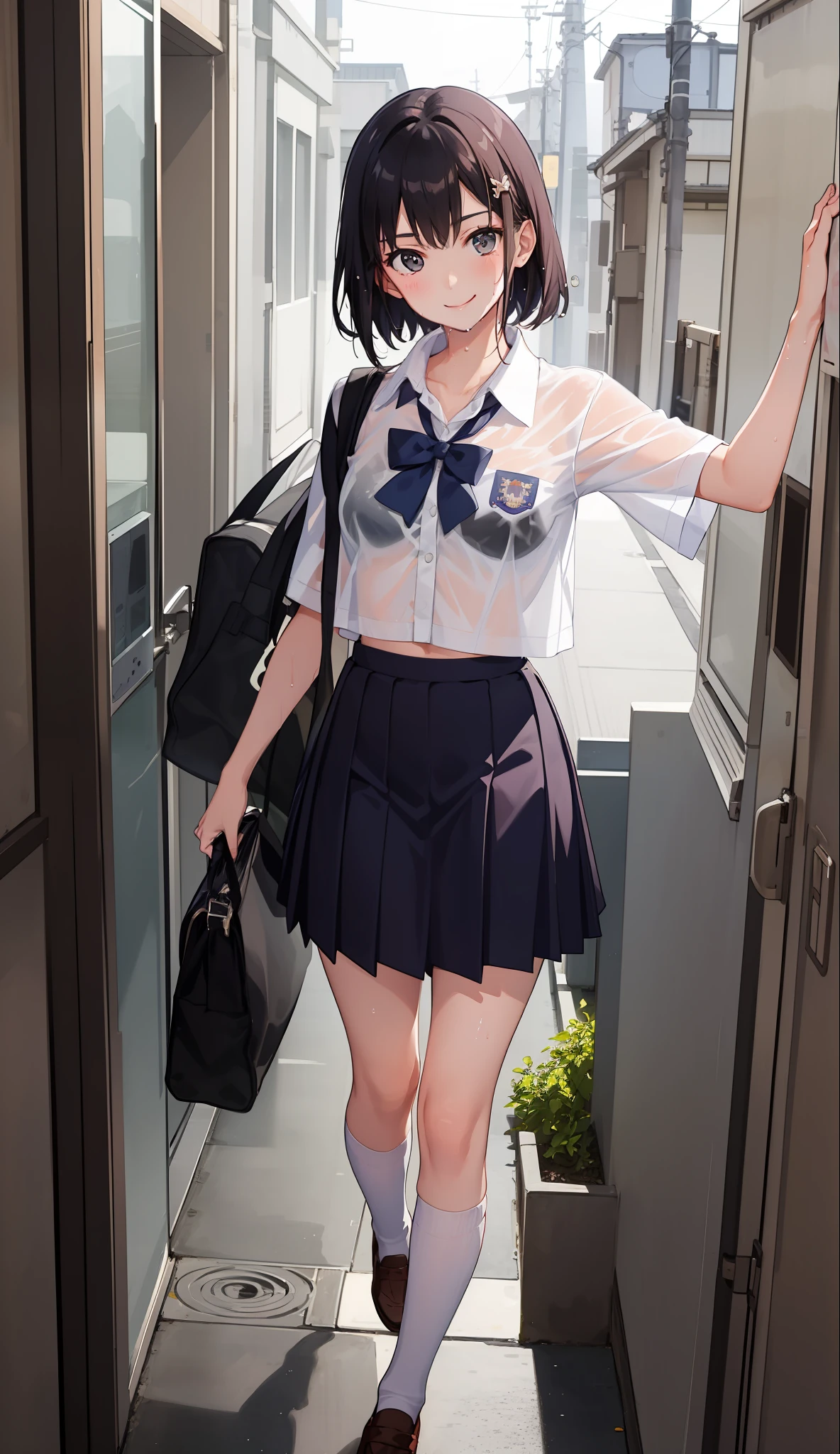 1 girl, smile, shirt, skirt, (small) chiralism, Japan high school school uniform, seravuk, summer clothes, squall-wet uniform, sheer bra, (portrait from knee up),