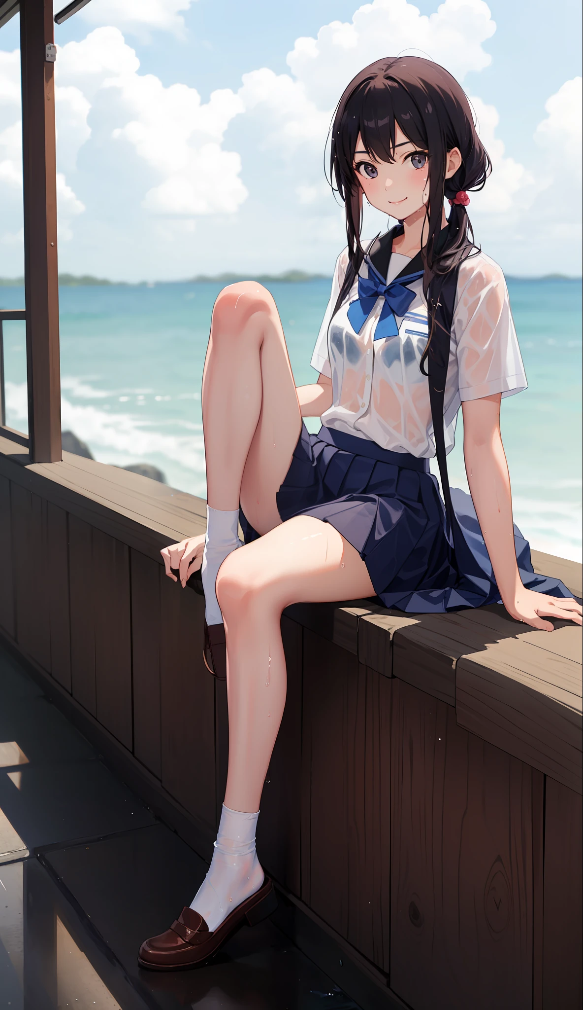 1 girl, smile, shirt, skirt, (small) chiralism, Japan high school school uniform, seravuk, summer clothes, squall-wet uniform, sheer bra, (portrait from knee up),
