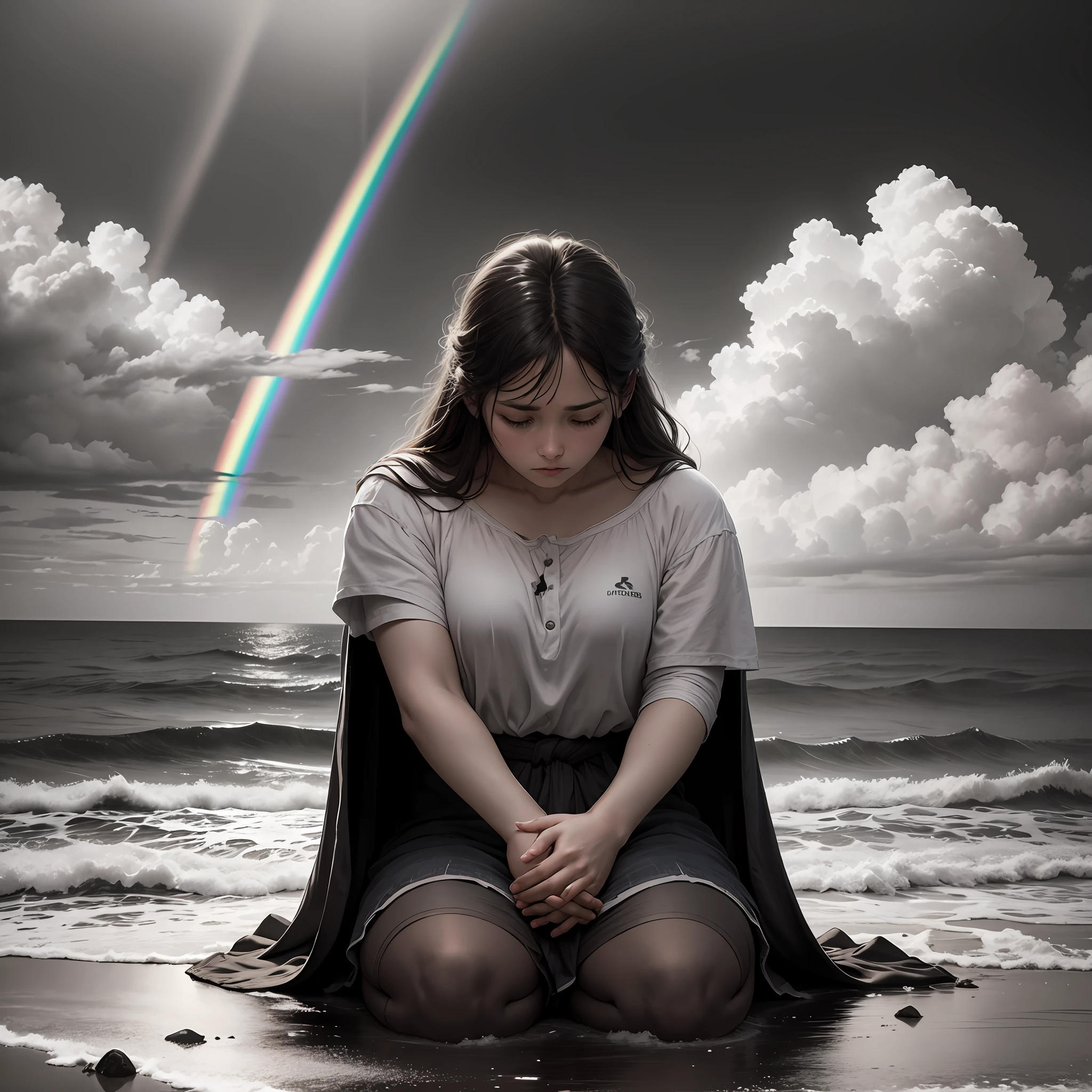 A symbolic illustration depicting the theme of overcoming life's trials through God's mercy. In the foreground, a kneeling person, head bowed, hands clasped, in repentant prayer. Behind her, the loving face of Jesus Christ bathed in divine light, a hand stretched out towards the person to lift them up with mercy. In the background, a rough sea and dark clouds representing the tumults crossed. But above, the sky clears and a rainbow symbol of hope and God's promise appears. The scene evokes spiritual resilience and redemption through divine grace. Hyper-realistic digital illustration with a contrasting warm color palette. Sony a700, Editorial --ar 16:9 --V 5.2 --auto
