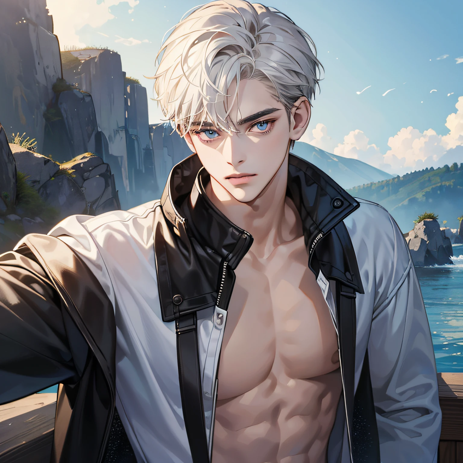 (in 8K、top-quality、​masterpiece:1.2)、1 boy、Thin macho、beautidful eyes、good-looking、The upper part of the body --auto