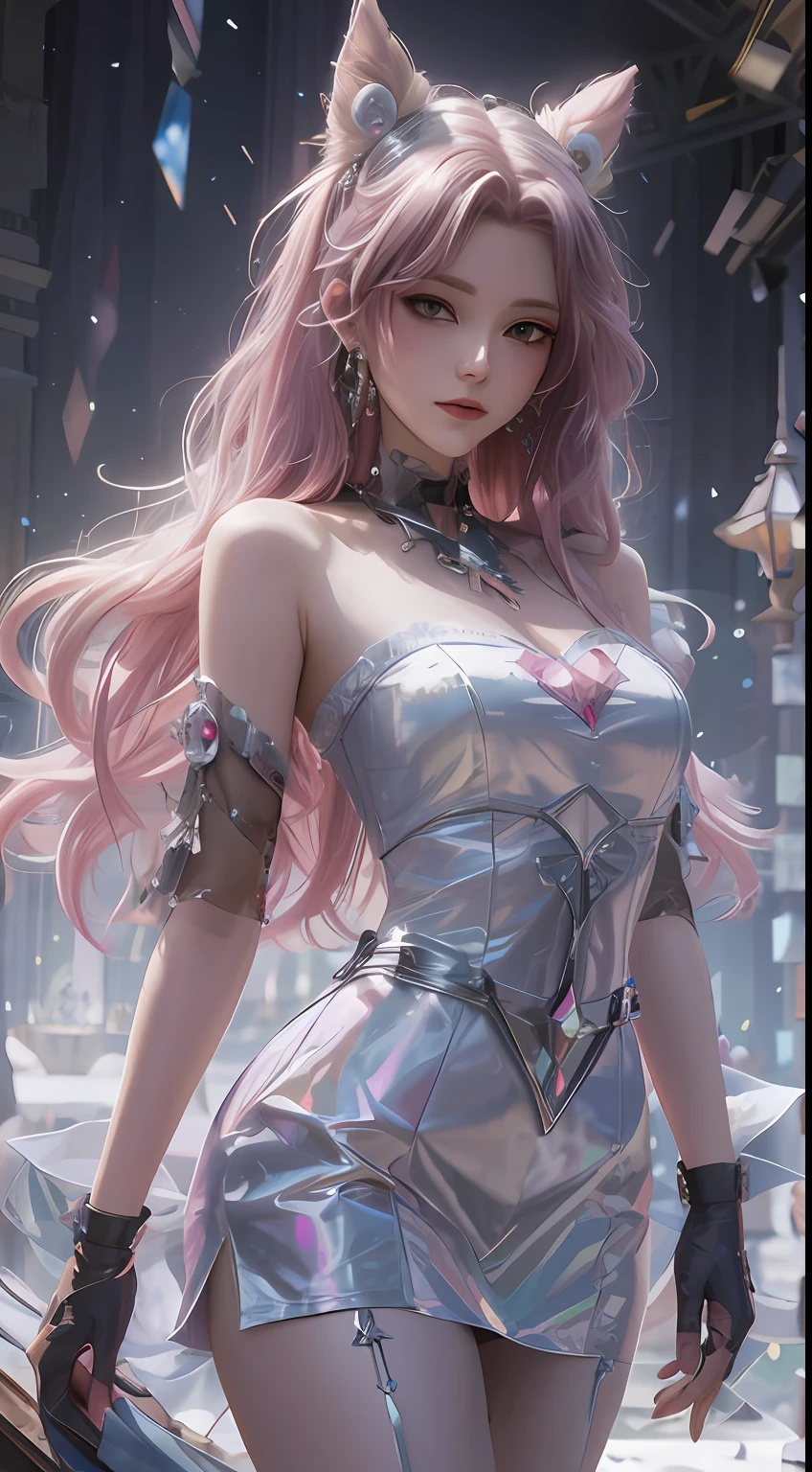 One was wearing a silver dress，Close up of woman with pink hair, 8K high quality detailed art, Guviz, inspired by Yanjun Cheng, Portrait Chevaliers du Zodiaque Fille, Guviz-style artwork, trending on cgstation, Fantasy art style, sakimichan frank franzzeta, 2. 5 D CGI anime fantasy artwork