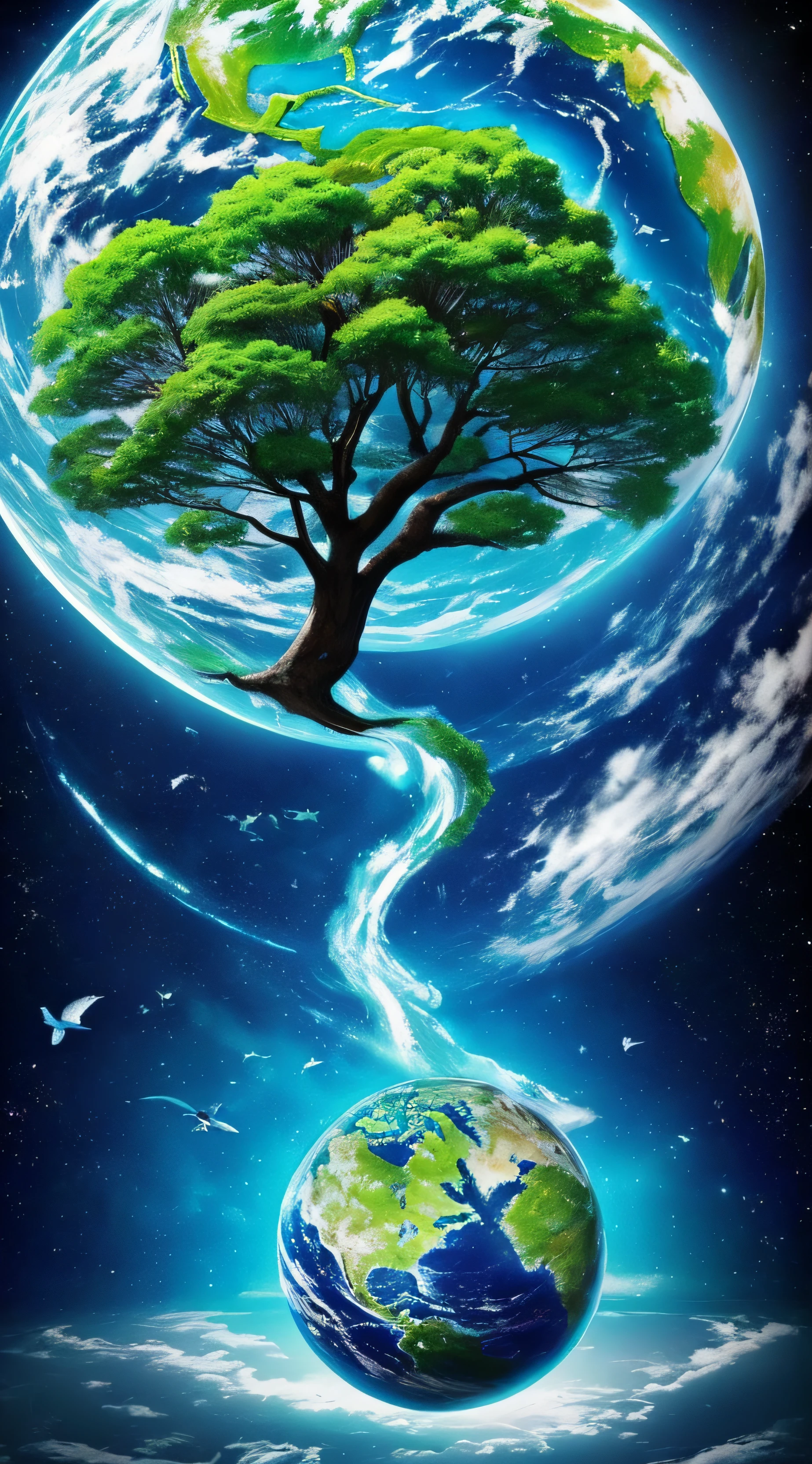 Crie uma cena de planeta como filme avatar, pedras flutuantes, Waters, Florestas com cores florescentes, plantas com cores florescentes, birds, giant trees, blue skies, nuvem, cores vibrantes, vivid colors, MUNDO ESPIRITUAL, Encantado, fantasia, Magic