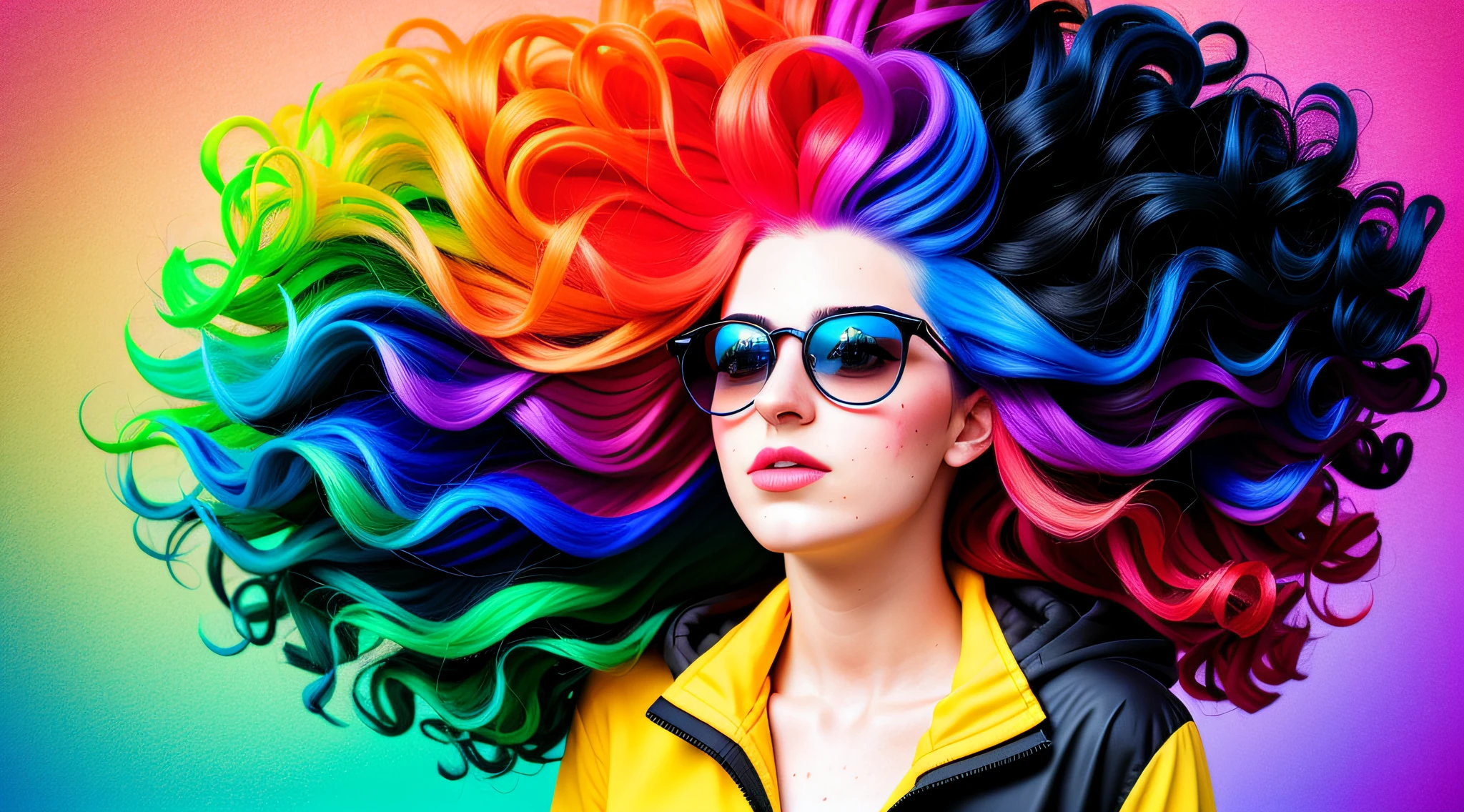 a woman with big colored hair and sunglasses standing up, montanha, natureza, the curls are smeared with paint of different rainbow colors, uma jovem fofa e bonita, foto hiper real, she is wearing a wet coat, bela jovem garota, drip technique, PFP discord, cor de 10 bits, neatly coming out of her head, spray, hdr, 8k