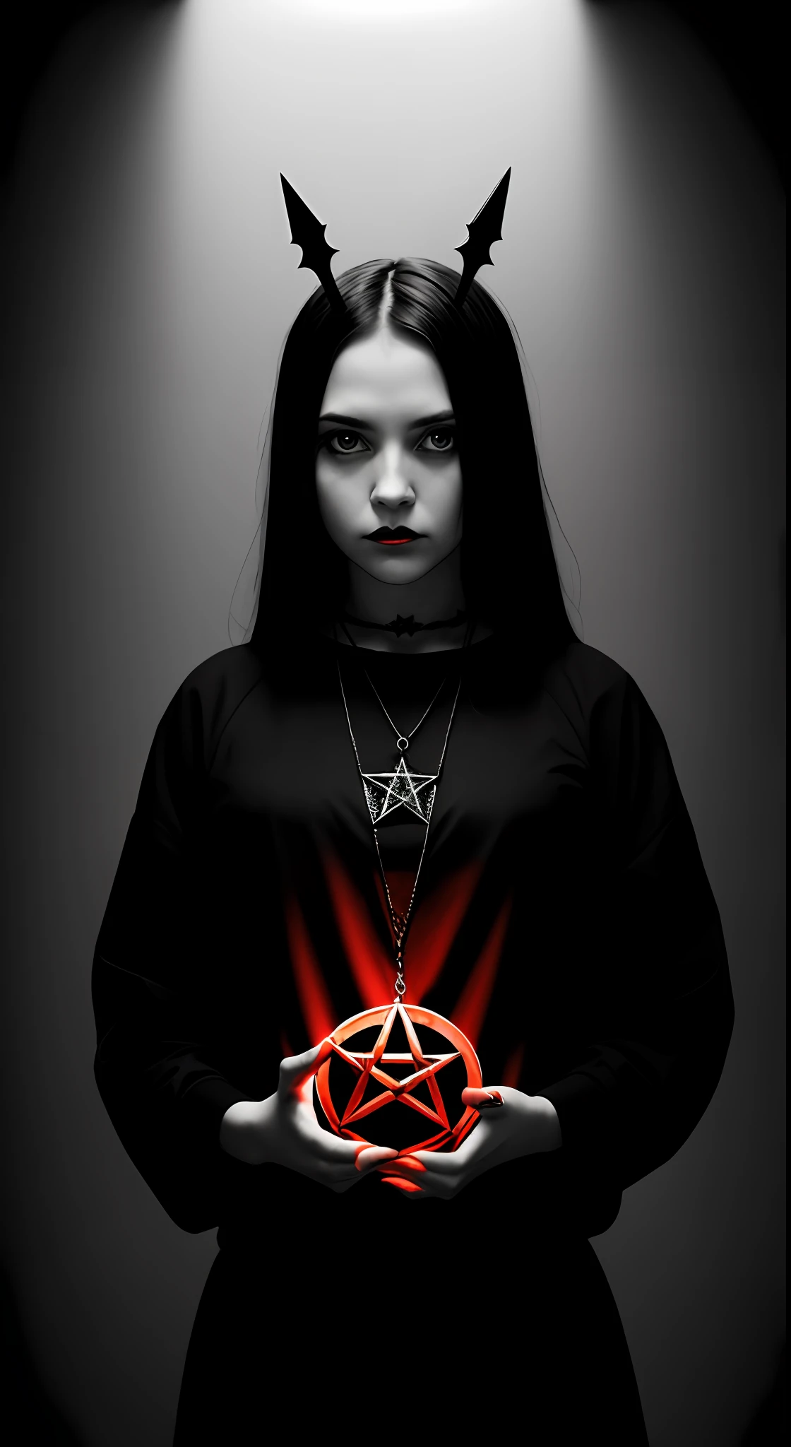 ((blood)), girl, (the pentagram), demonic horns, knife, slate atmosphere, cinematic, dimmed colors, dark shot, muted colors, film grainy, lut, spooky