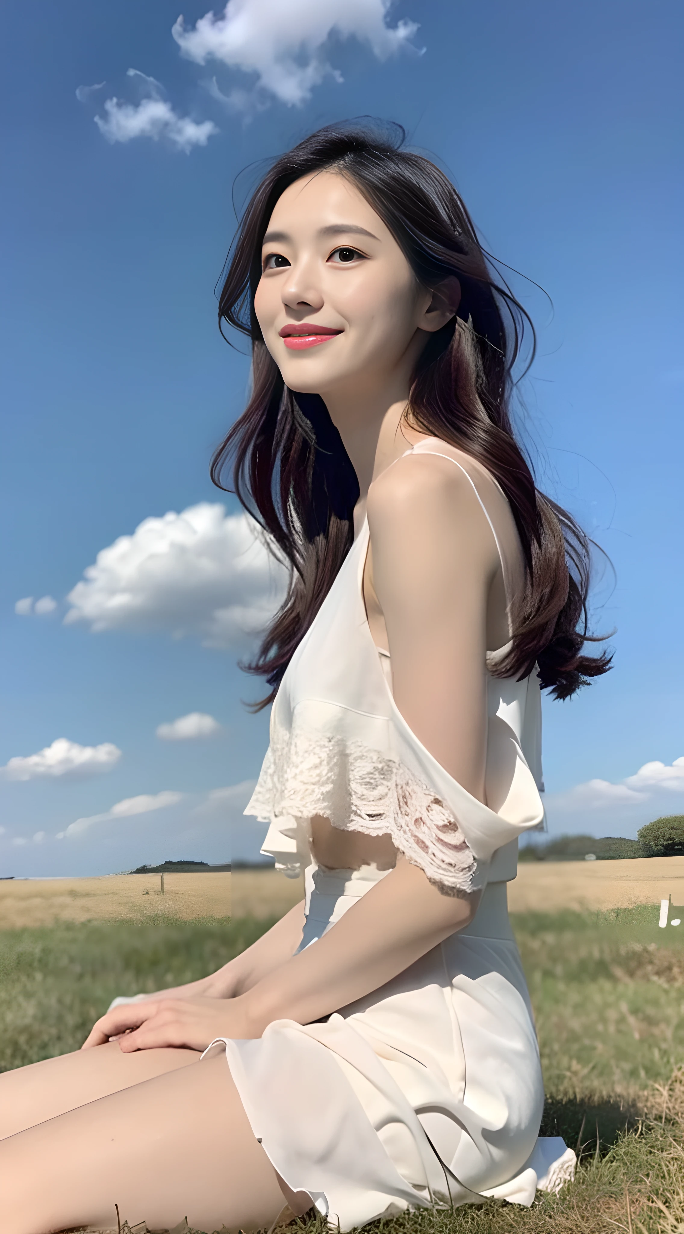 A nice and cute girl,Full body photo,Extremely beautiful and delicate,Black color hair,A sweet smile,Delicate and beautiful fair skin,Realistic and realistic,exquisite and complete facial features,Detailed depiction of the face,tall nose bridge,Smooth hair,extremely detail hair,Feminine temperament,Fill your face light,Tall and tall,Thin,Realiy,Hyper-realism,full body shot shot,Forward tilt angle,Extreme picture quality,Highest precision,Precise and perfect human anatomy。with blue sky and white clouds,Sitting on the Steppe,with blue sky and white clouds,rays of sunshine,cattle and sheep,(White chiffon skirt)Panties are clearly visible. telephoto shot,Express the landscape,Highlight portrait。Violin in hand,Play the song