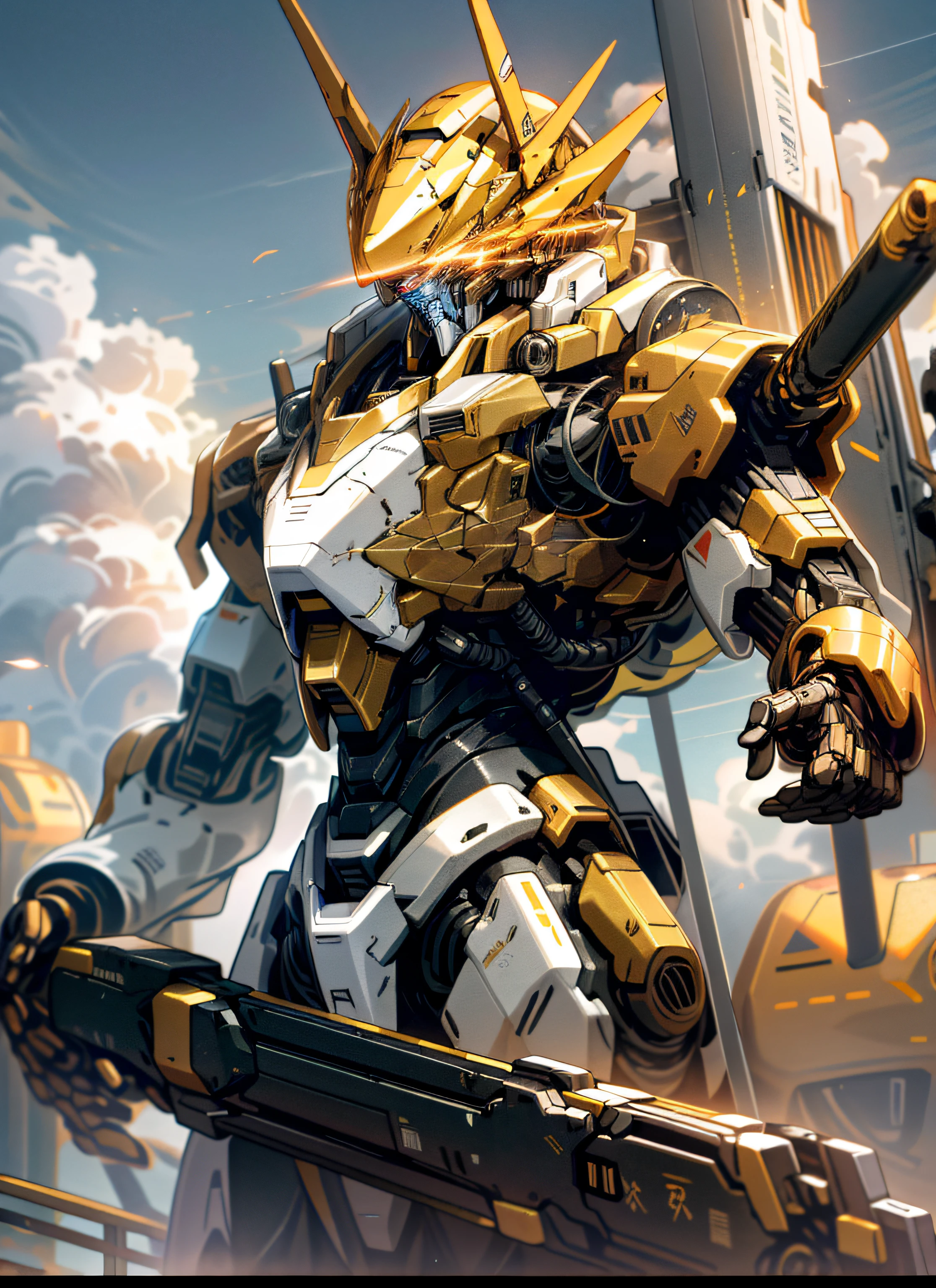Skysky,clouds,holding_weapon,no_humans,with light glowing,golden colored,brightly colored,droid,buliding,glowing_eyes,mecha,scientific fiction,城市,Realistis,mecha,8K