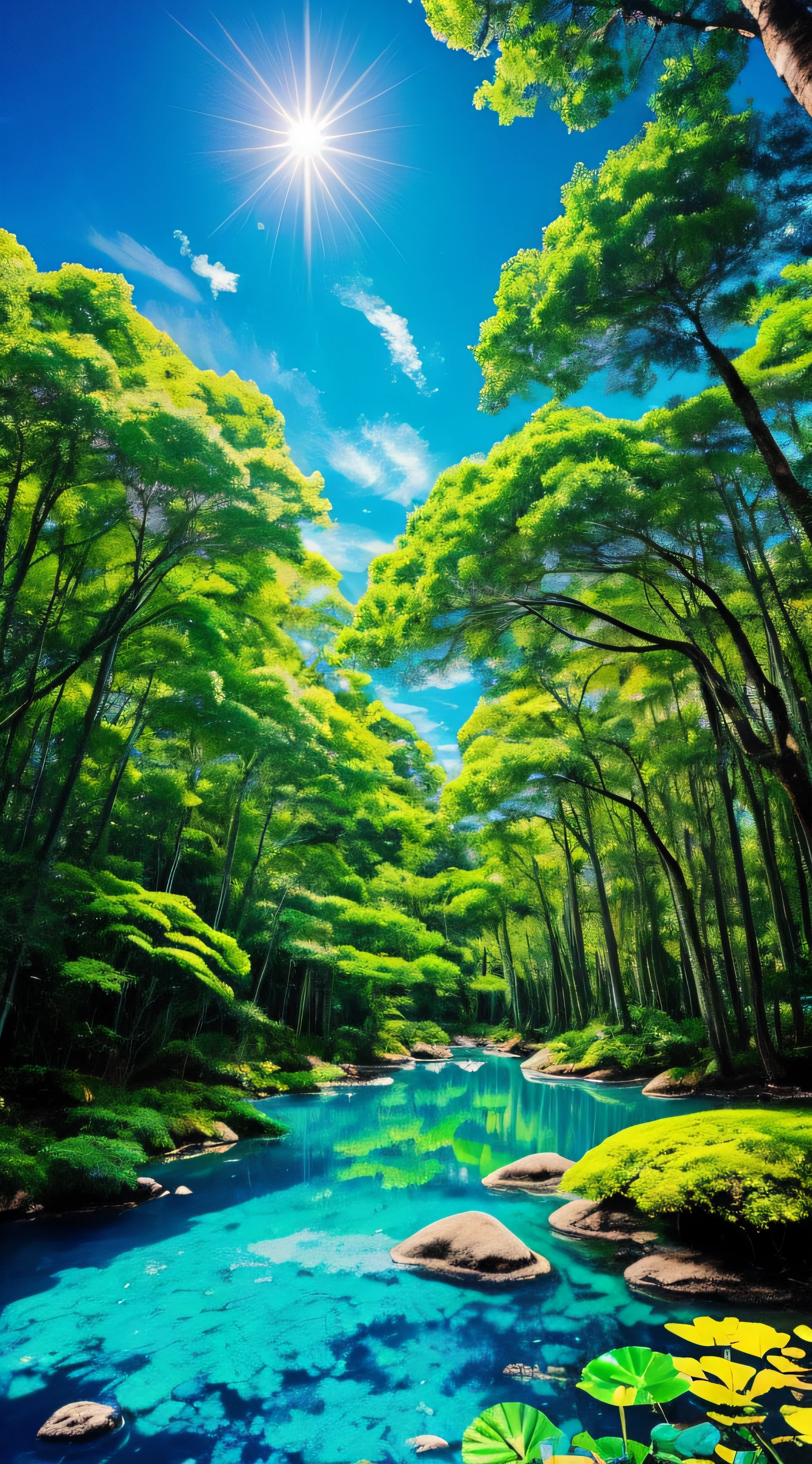 Crie uma cena de planeta como filme avatar, pedras flutuantes, Waters, Florestas com cores florescentes, plantas com cores florescentes, birds, giant trees, blue skies, nuvem, cores vibrantes, vivid colors, MUNDO ESPIRITUAL, Encantado, fantasia, Magic