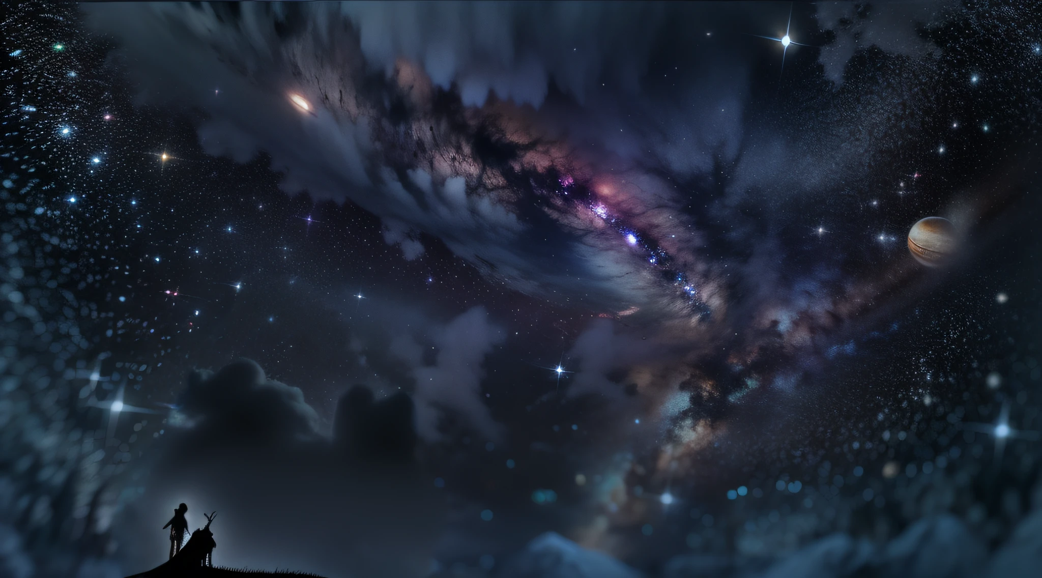 Generate fantastic and eerie images of outer space shrouded in darkness。Twilight Galaxy、Spooky Nebula、Faint stars々reveals the mystical beauty of deep space。Represent jet-black expanses and shadow-shrouded celestial objects。