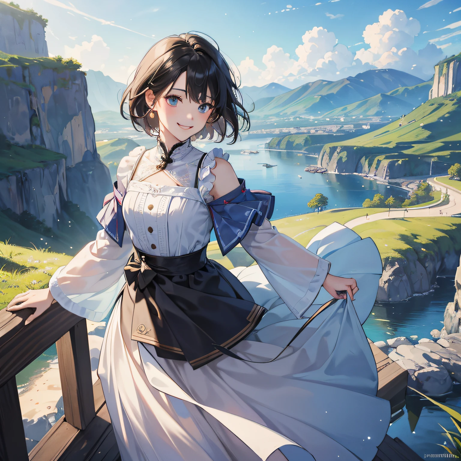 (in 8K、top-quality、masterpiece:1.2)、1人の女性、(Smiling smile:1.1)、beautidful eyes、Valley、The upper part of the body、shorth hair、Like a boy 、Black --auto