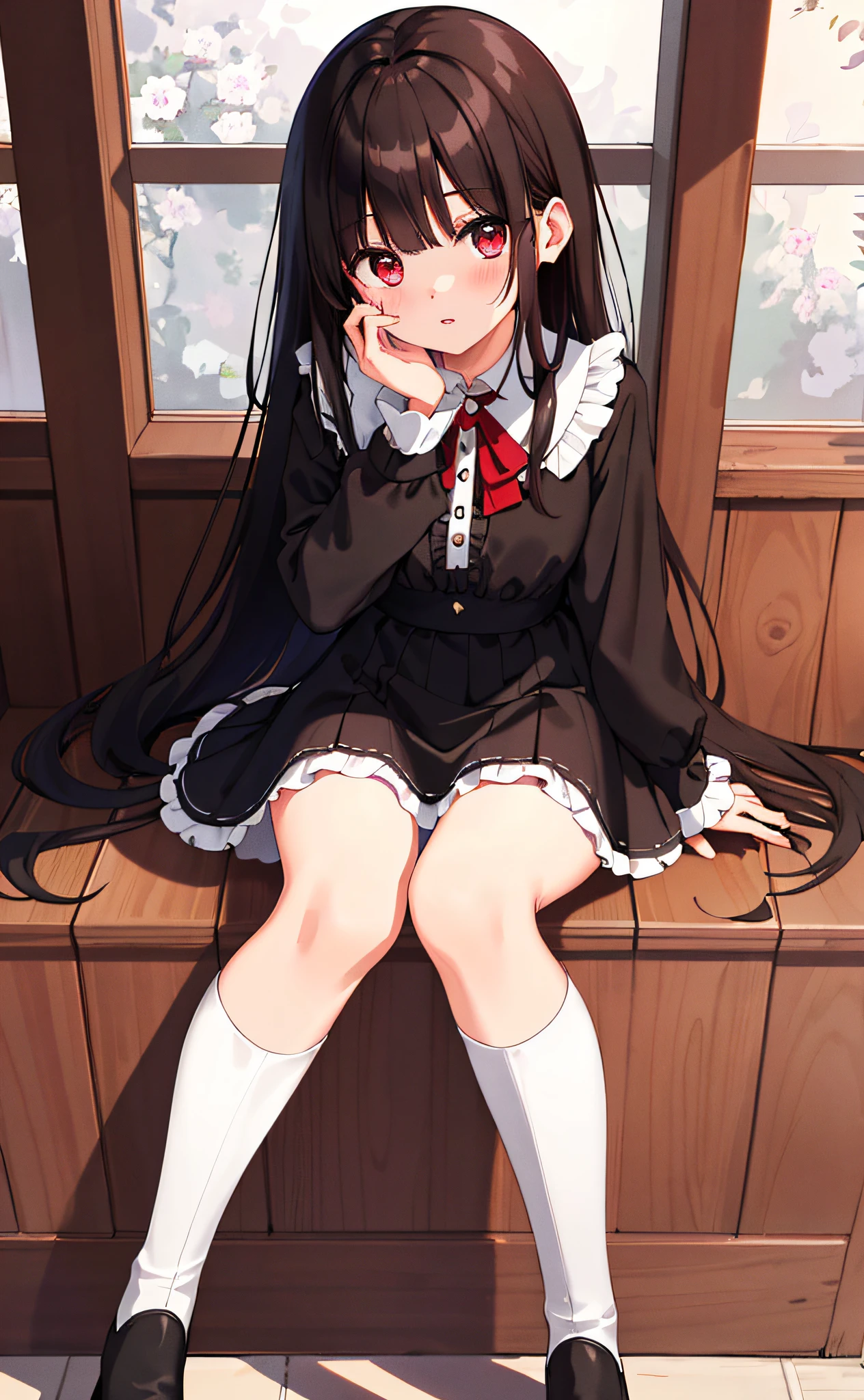 (best quality,high resolution,Beautiful detailed eyes,White lighting:1.2),red eyes, looking at viewer, long hair, black hair, long boots, black footwear, blush, sitting, long sleeves, bangs, parted lips, black hair, dress, knees up, brown hair, white skirt, frills, skirt,thighs, sidelocks,